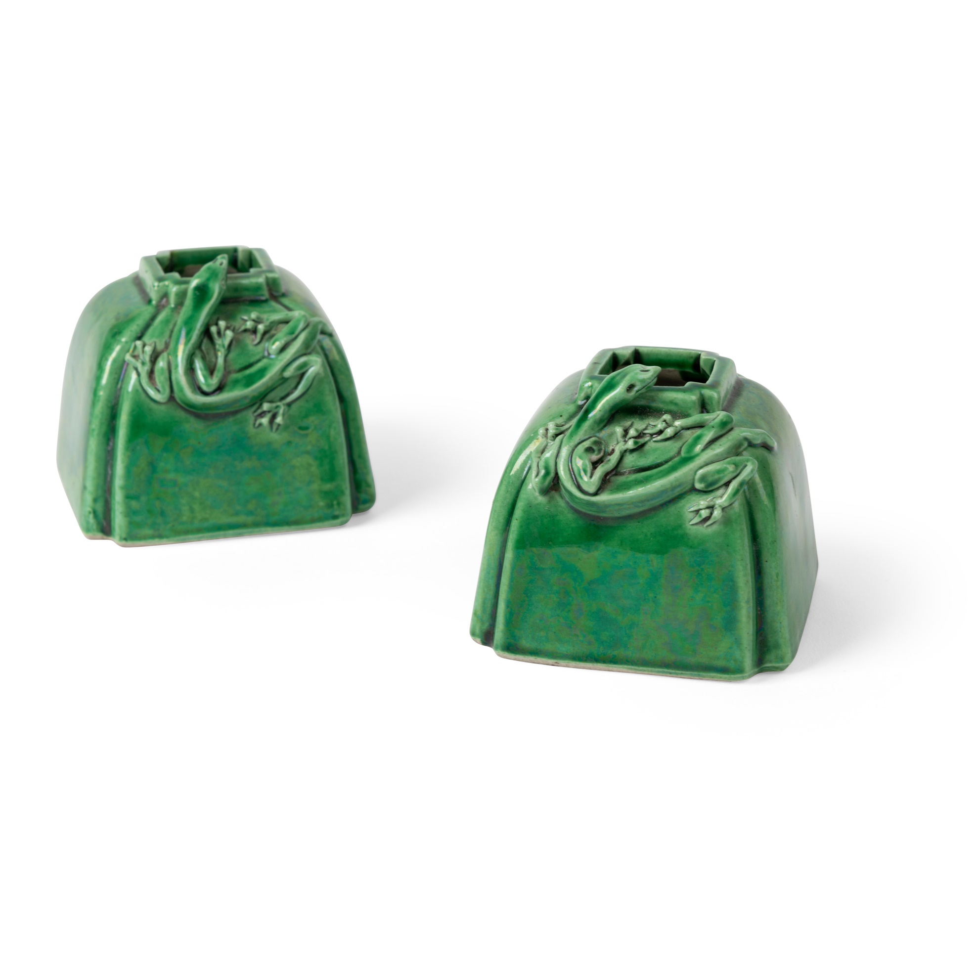 PAIR OF GREEN-GLAZED 'CHI-DRAGON' WATER POTS