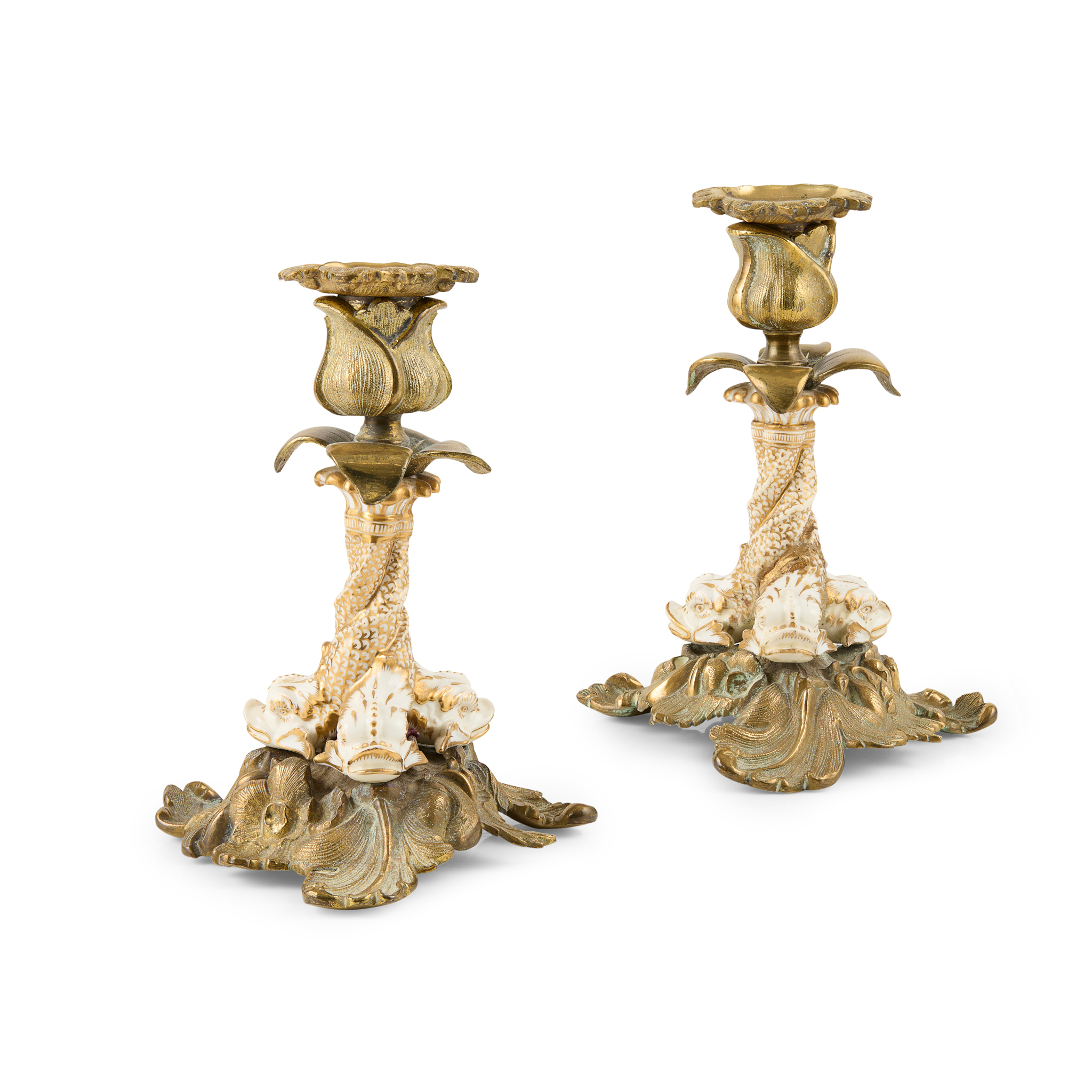 PAIR OF CONTINENTAL GILT BRONZE AND PORCELAIN CANDLESTICKS