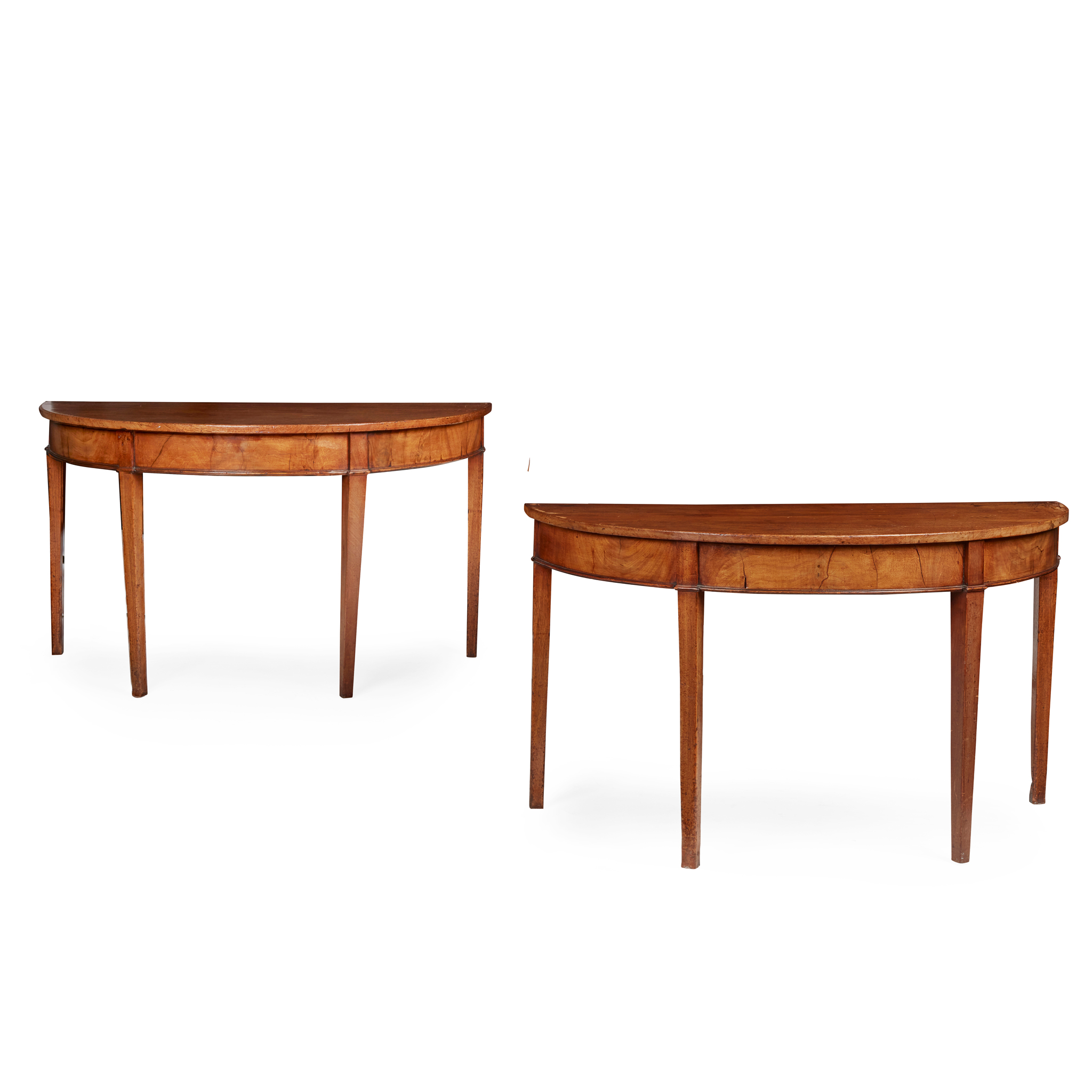A PAIR OF GEORGE III MAHOGANY DEMI LUNE TABLES
