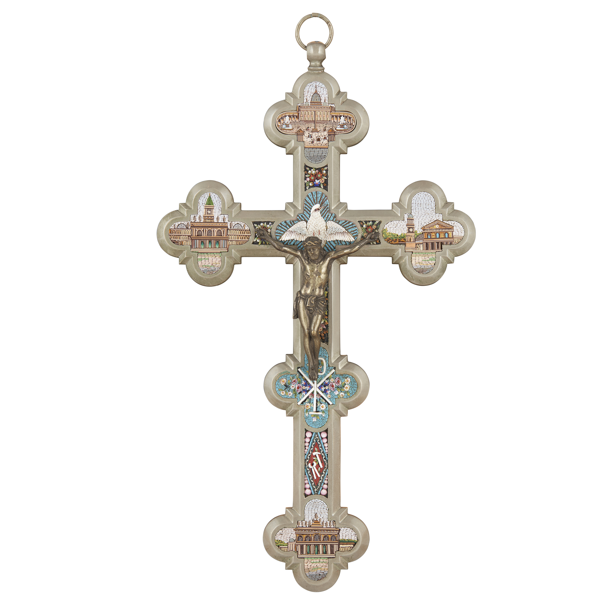 ITALIAN ROMAN PEWTER AND MICRO MOSAIC CRUCIFIX