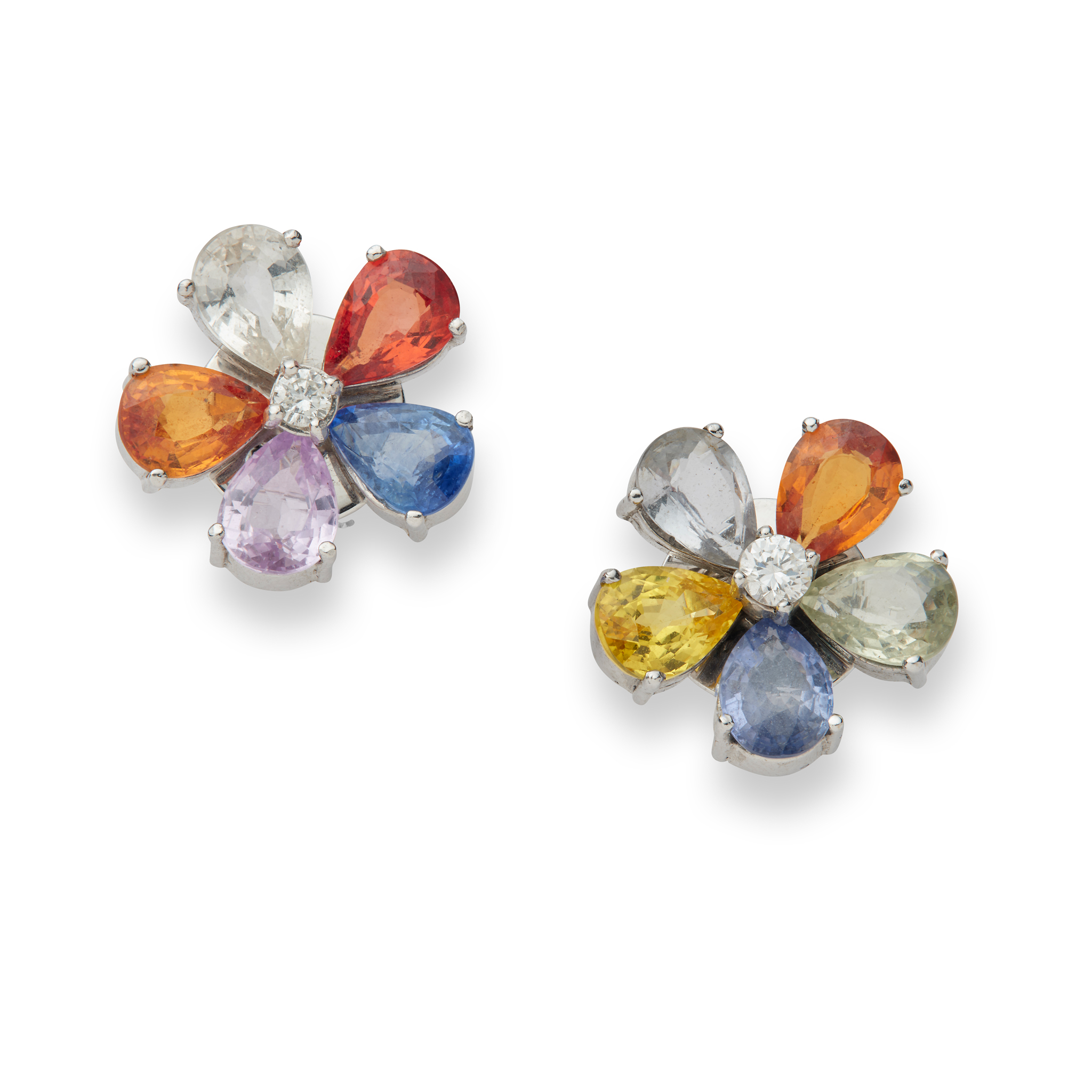 A pair of fancy-coloured sapphire and diamond cluster earrings