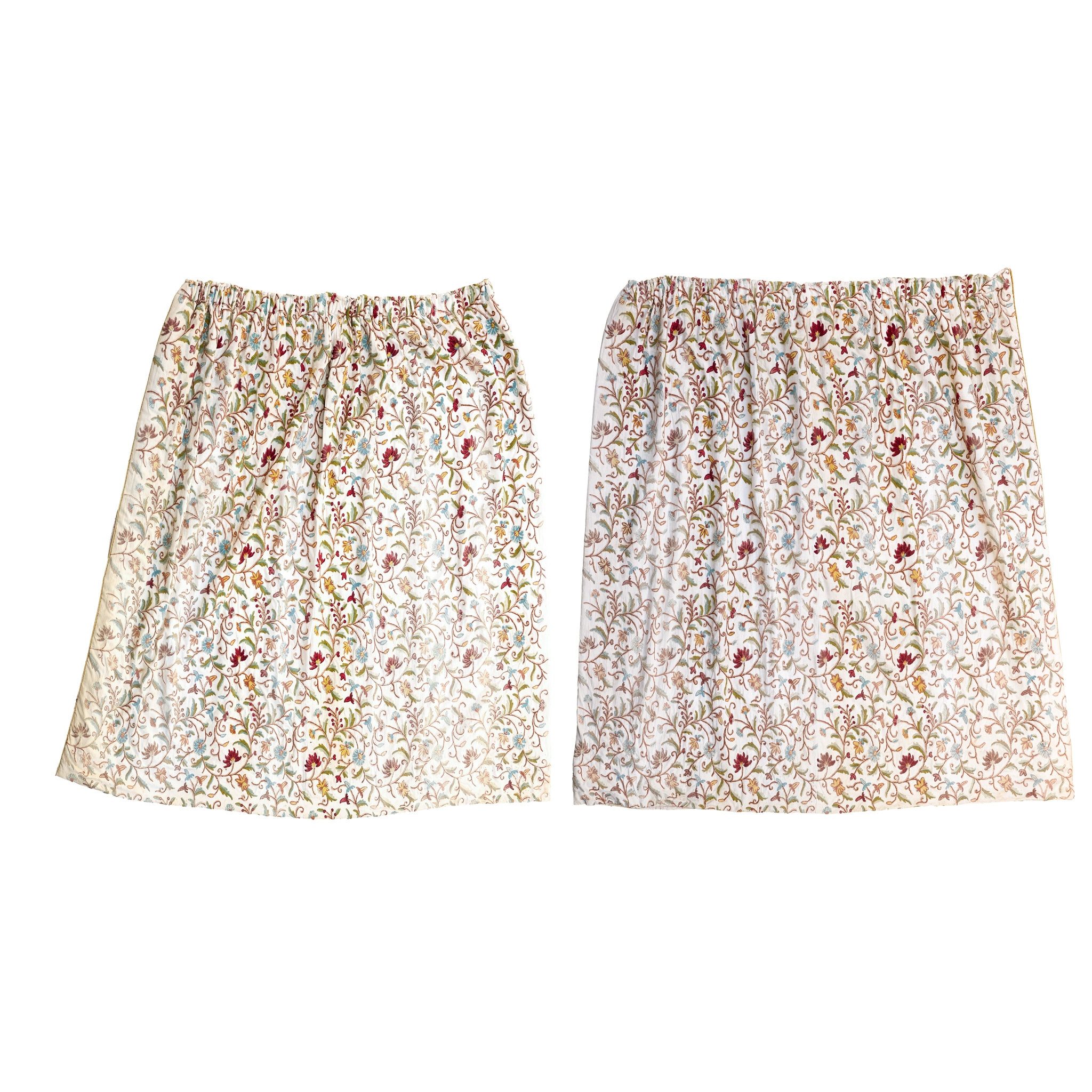 THREE PAIRS OF CREWEL WORK CURTAINS