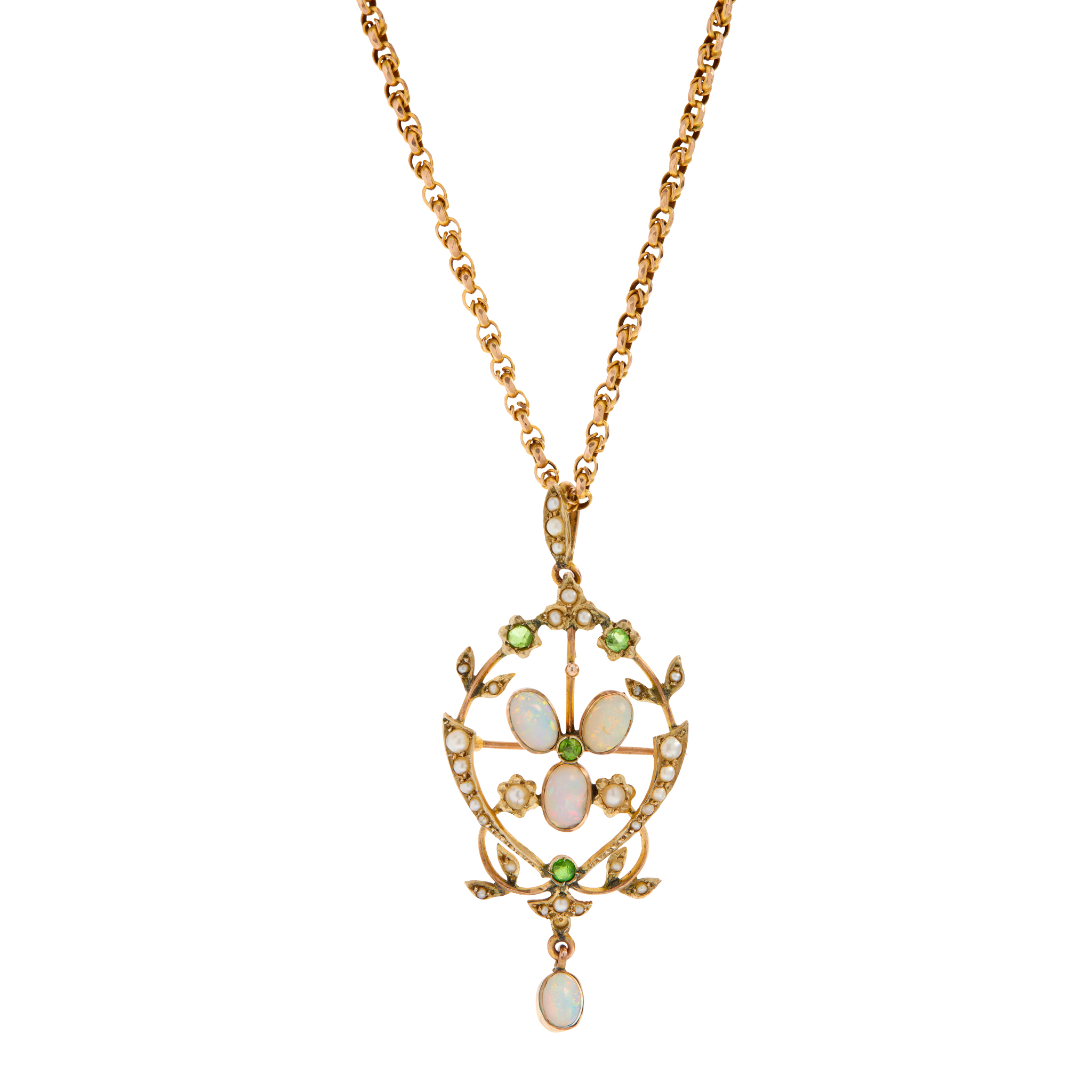 An early 20th century opal, seed pearl and demantoid garnet pendant/brooch