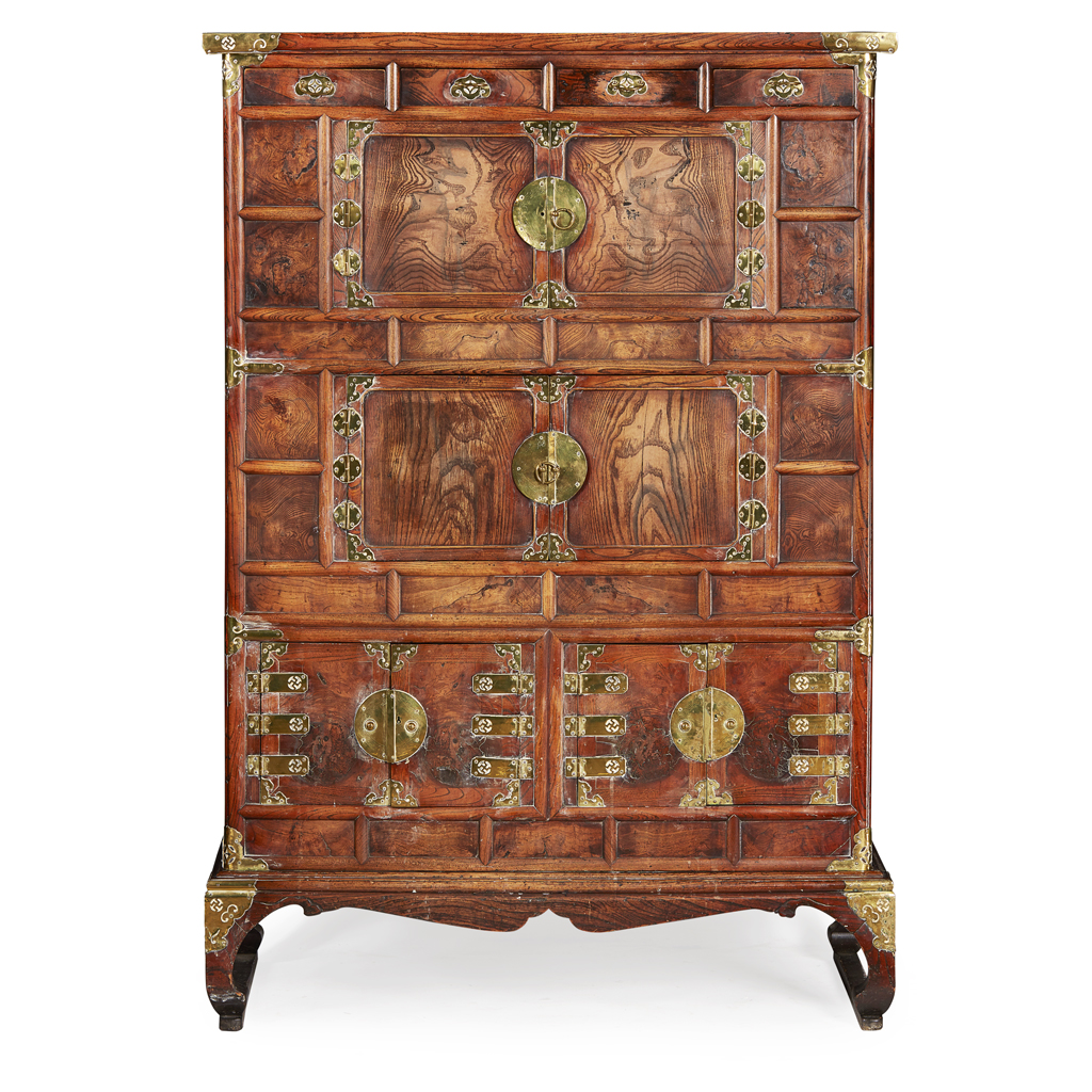 KOREAN BRASS-MOUNTED THREE-TIER ELM CABINET