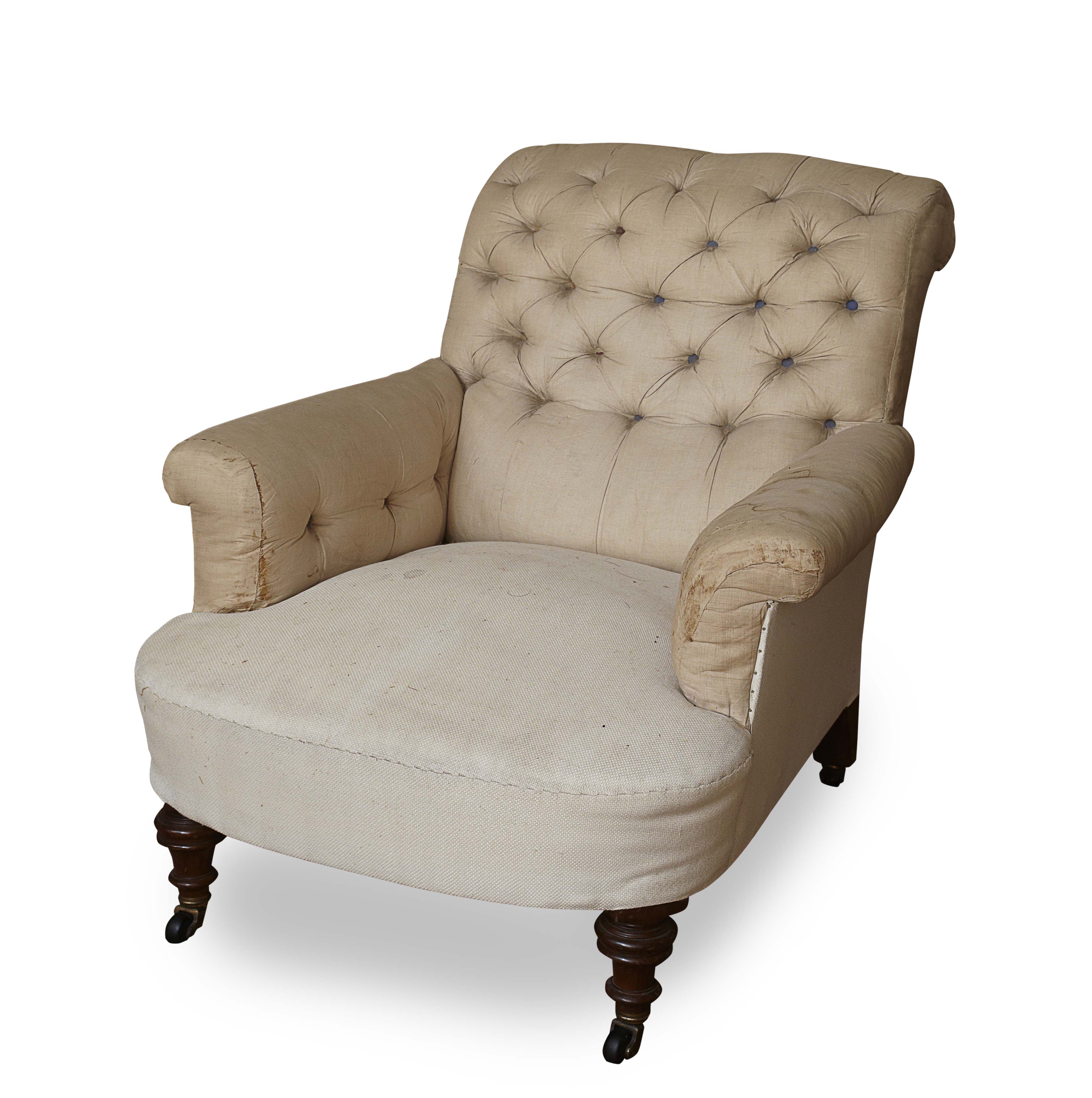 LATE VICTORIAN UPHOLSTERED EASY ARMCHAIR