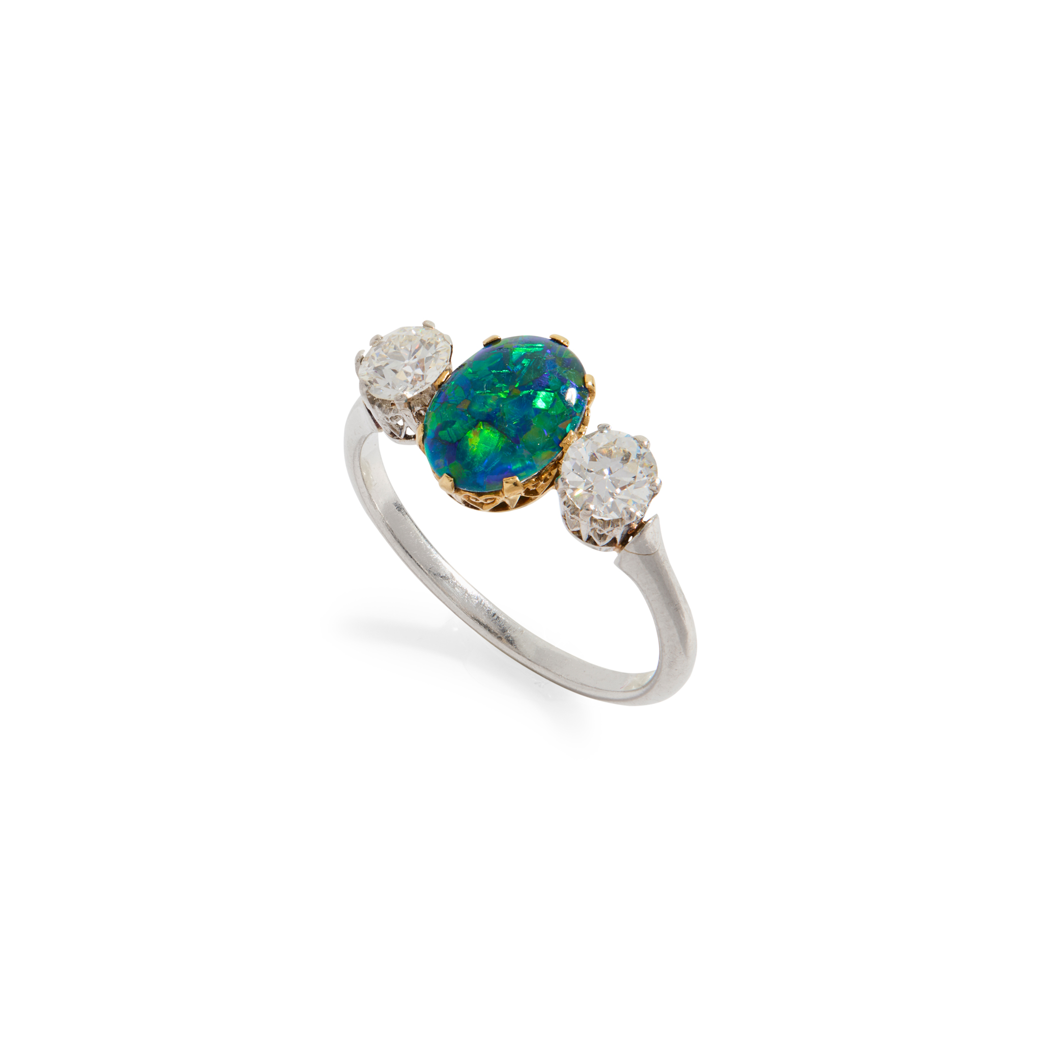 A black opal and diamond three-stone ring