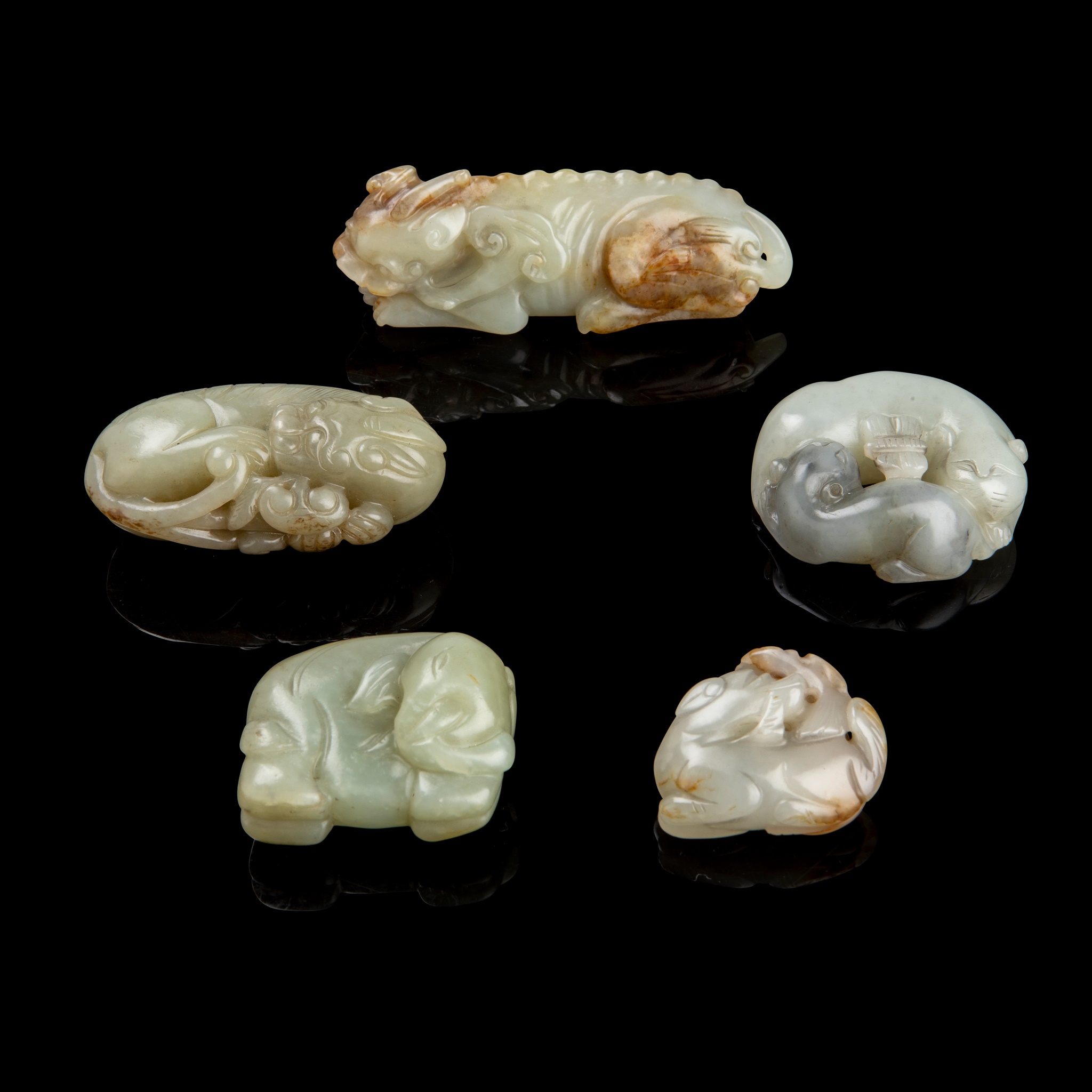 GROUP OF FIVE JADE CARVINGS OF ANIMALS