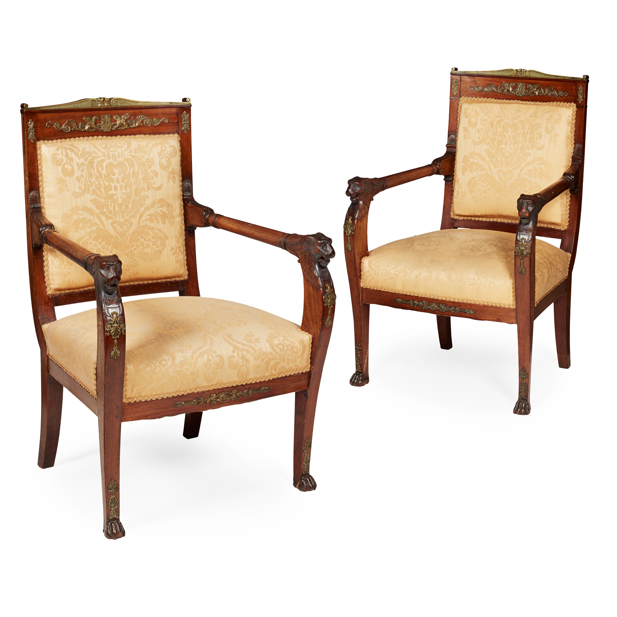 PAIR OF EMPIRE MAHOGANY ORMOLU MOUNTED ARMCHAIRS