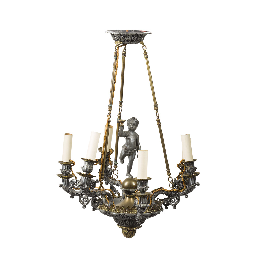 A PEWTER AND BRASS CHANDELIER