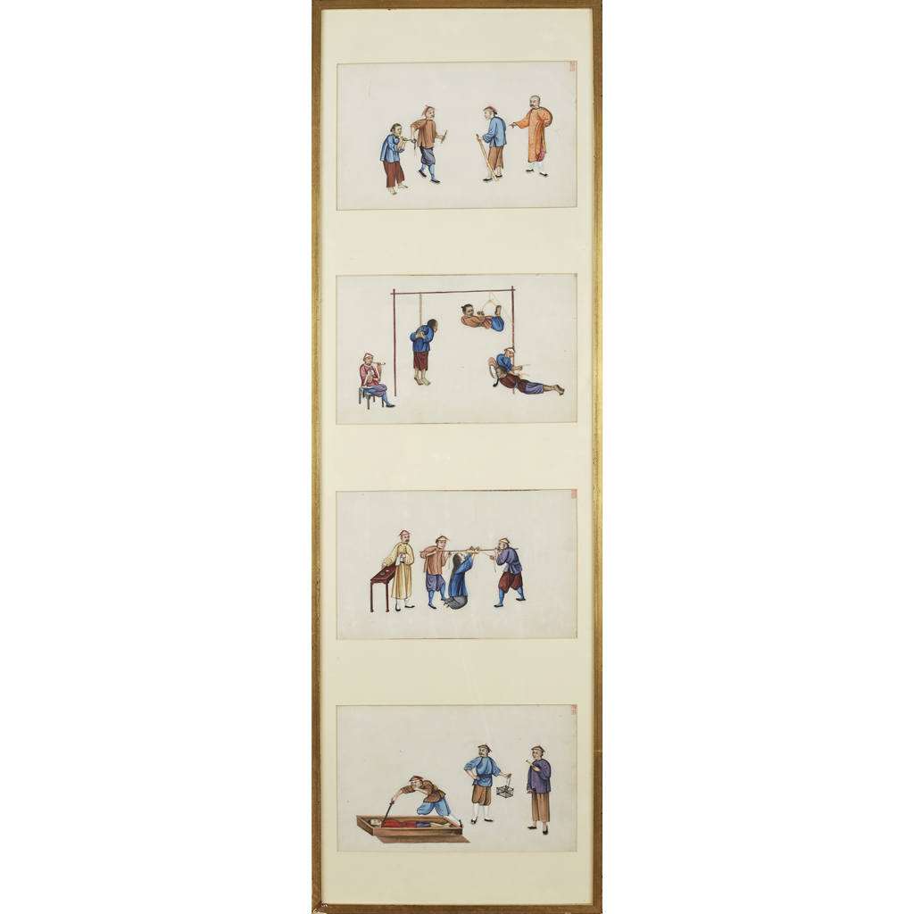 FOUR PAINTINGS ON PITH PAPER DEPICTING TORTURE SCENES