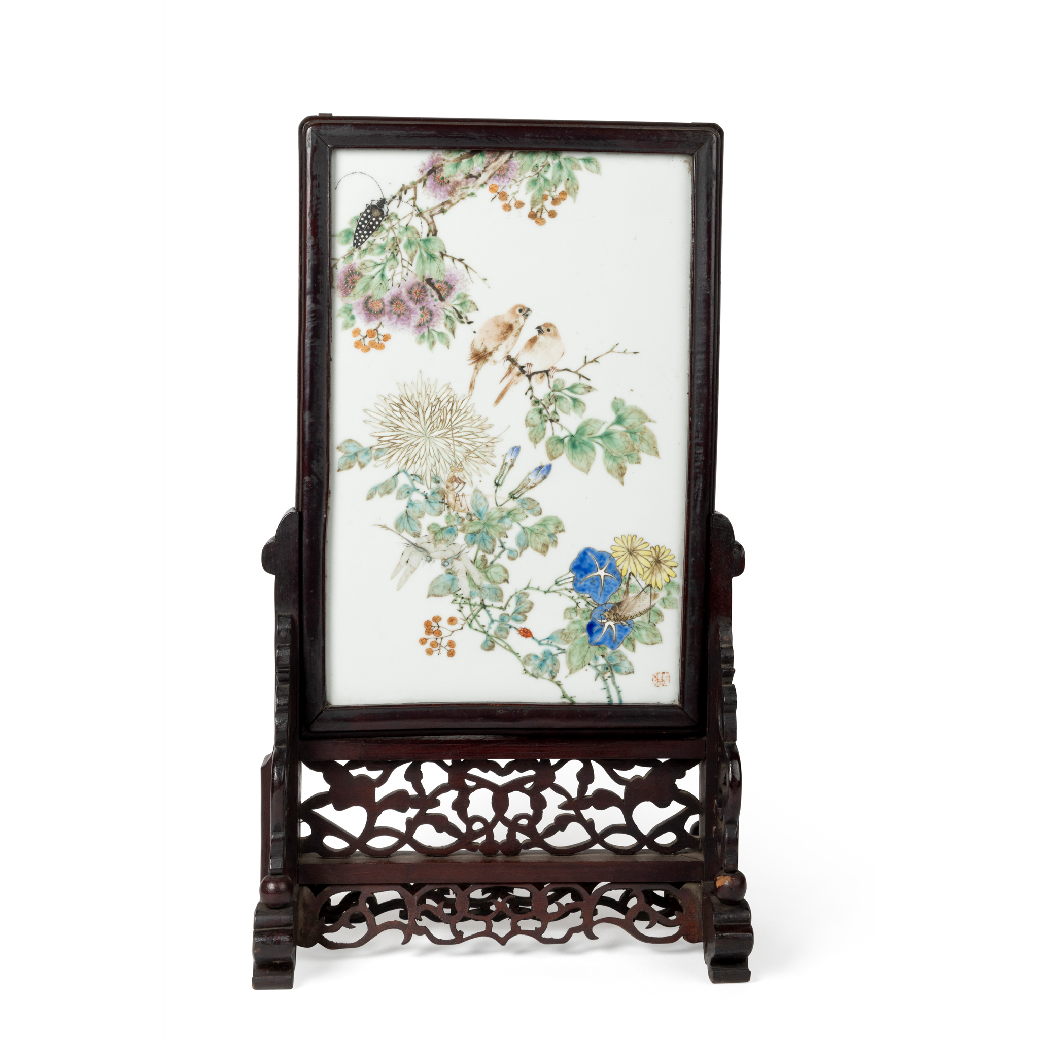 CHINESE FAMILLE ROSE PORCELAIN PLAQUE INSET TABLE SCREEN