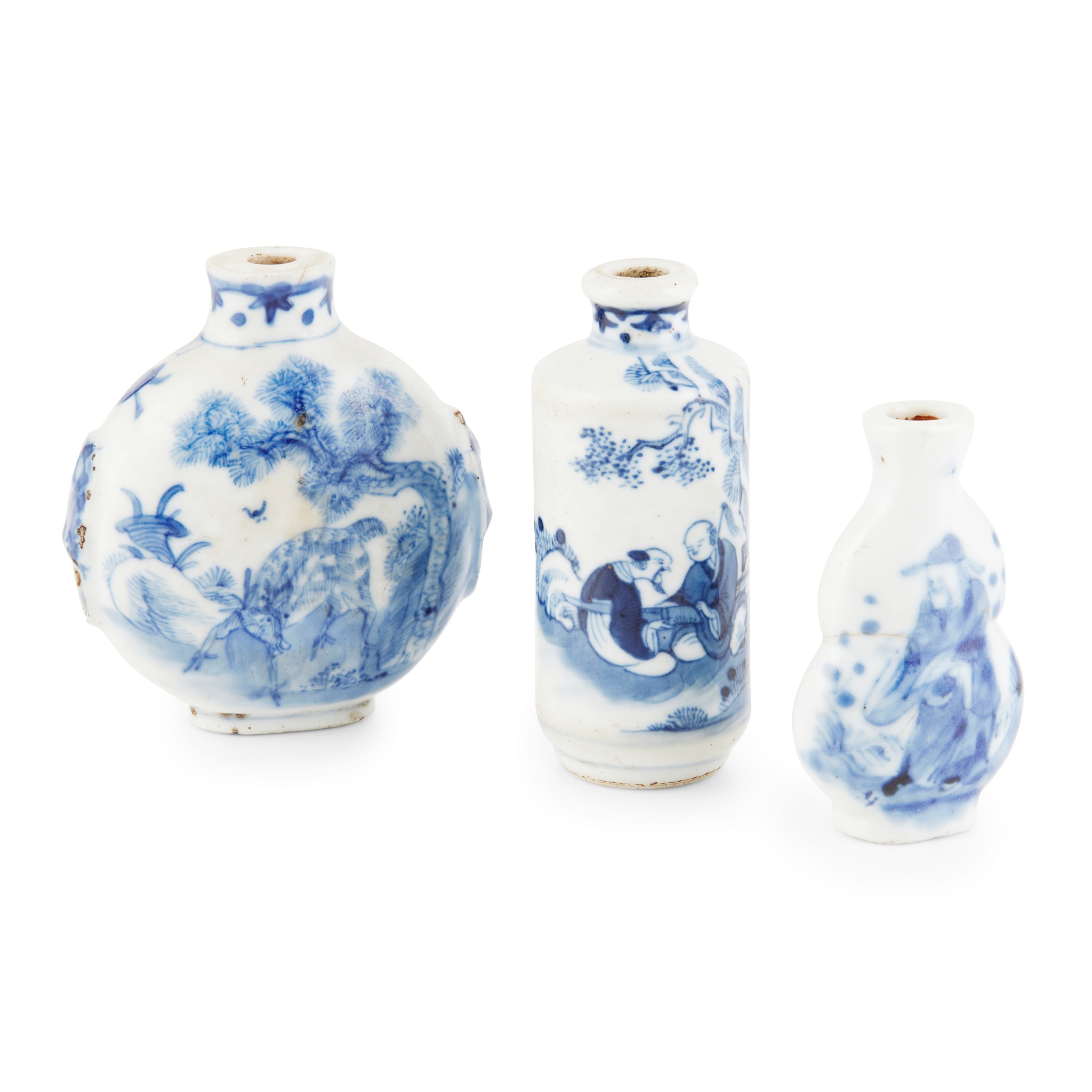 GROUP OF THREE BLUE AND WHITE SNUFF BOTTLES