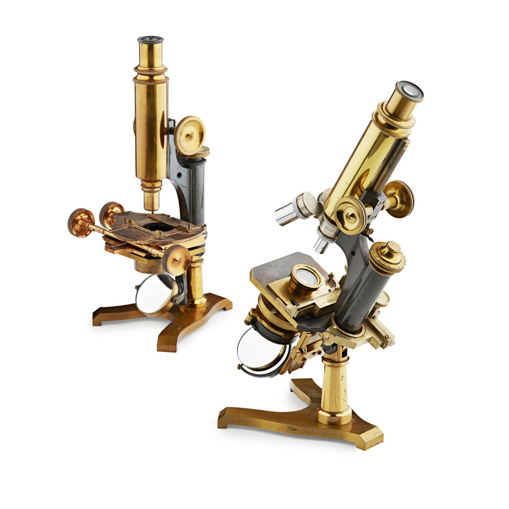 TWO BRASS MONOCULAR COMPOUND MICROSCOPES, BY J. LIZARS, GLASGOW