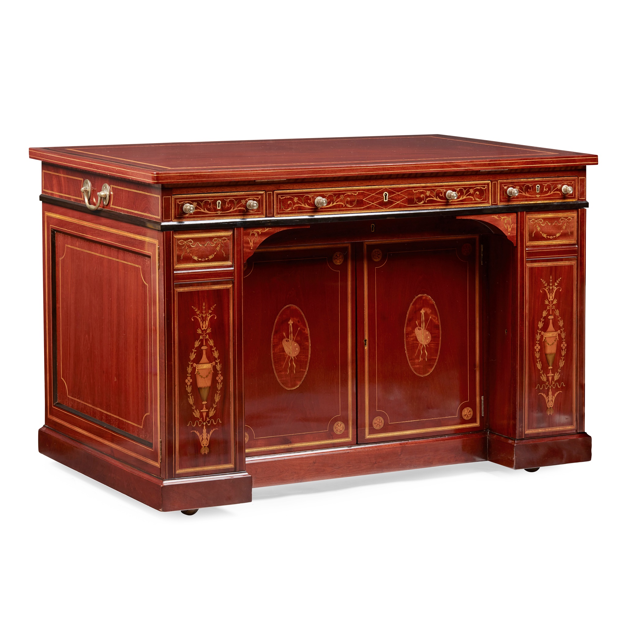 LATE VICTORIAN MAHOGANY, SATINWOOD, AND GONCALO ALVES MARQUETRY ARCHITECT'S DESK, BY EDWARDS & ROBERTS
