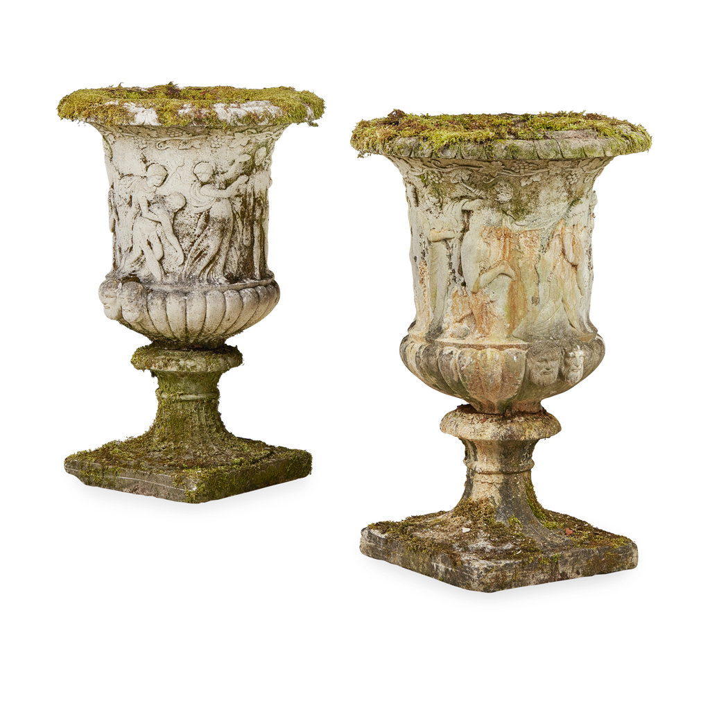 PAIR OF LARGE COMPOSITION STONE URNS AND STANDS