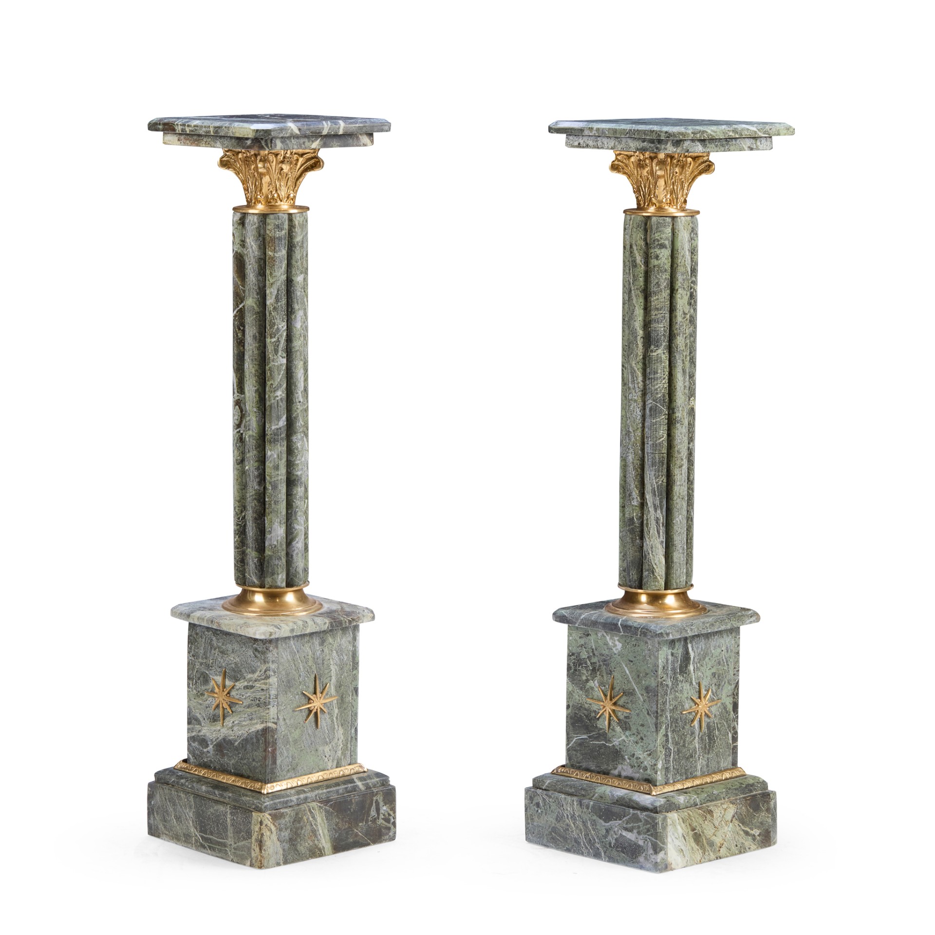 A PAIR OF CAMPAN VERT MARBLE AND GILT BRONZE MOUNTED PEDESTALS
