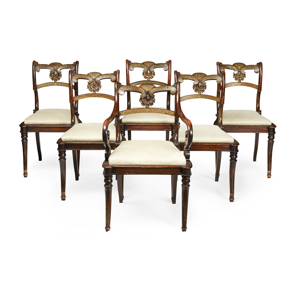 SET OF SIX REGENCY GRAIN-PAINTED AND BRASS INLAY DINING CHAIRS