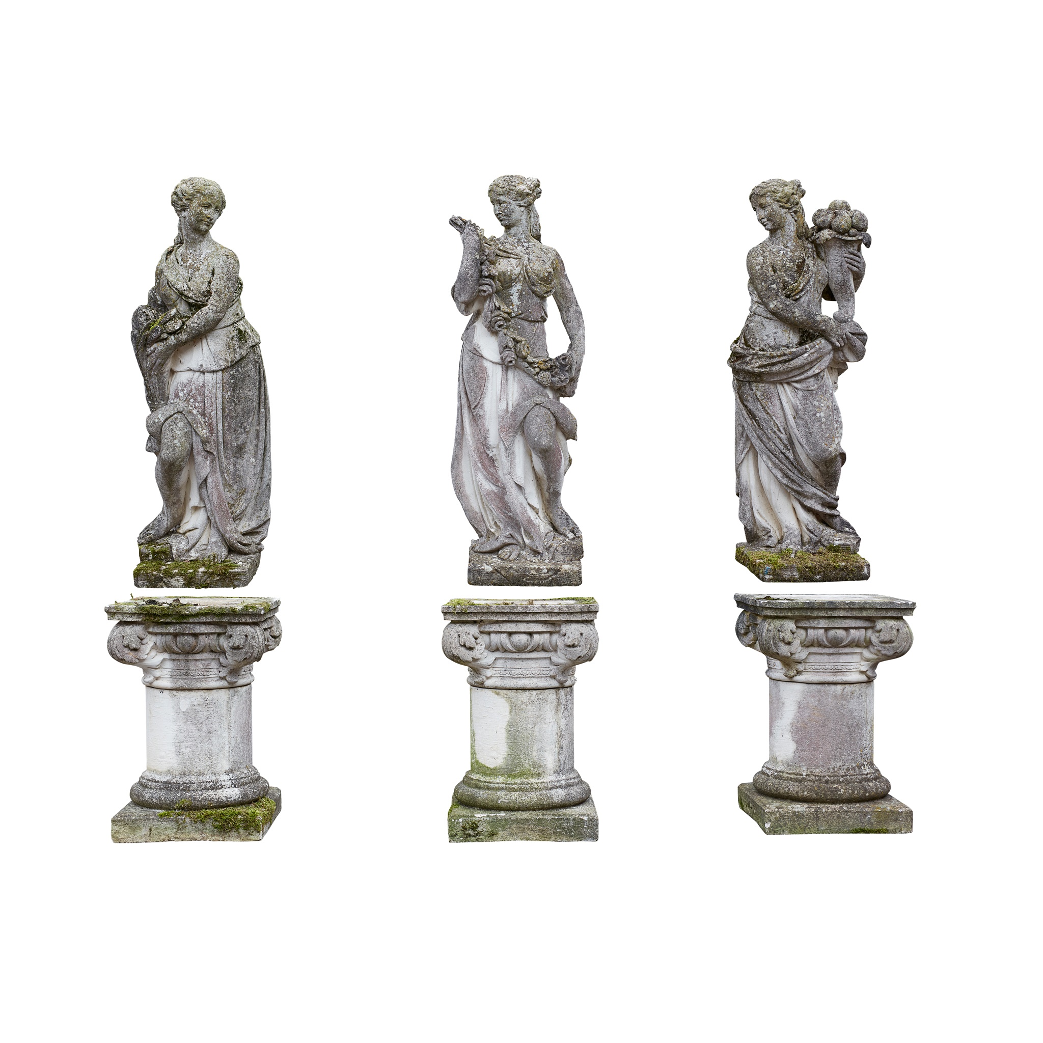THREE COMPOSITION STONE FIGURES OF THE SEASONS AND PEDESTALS