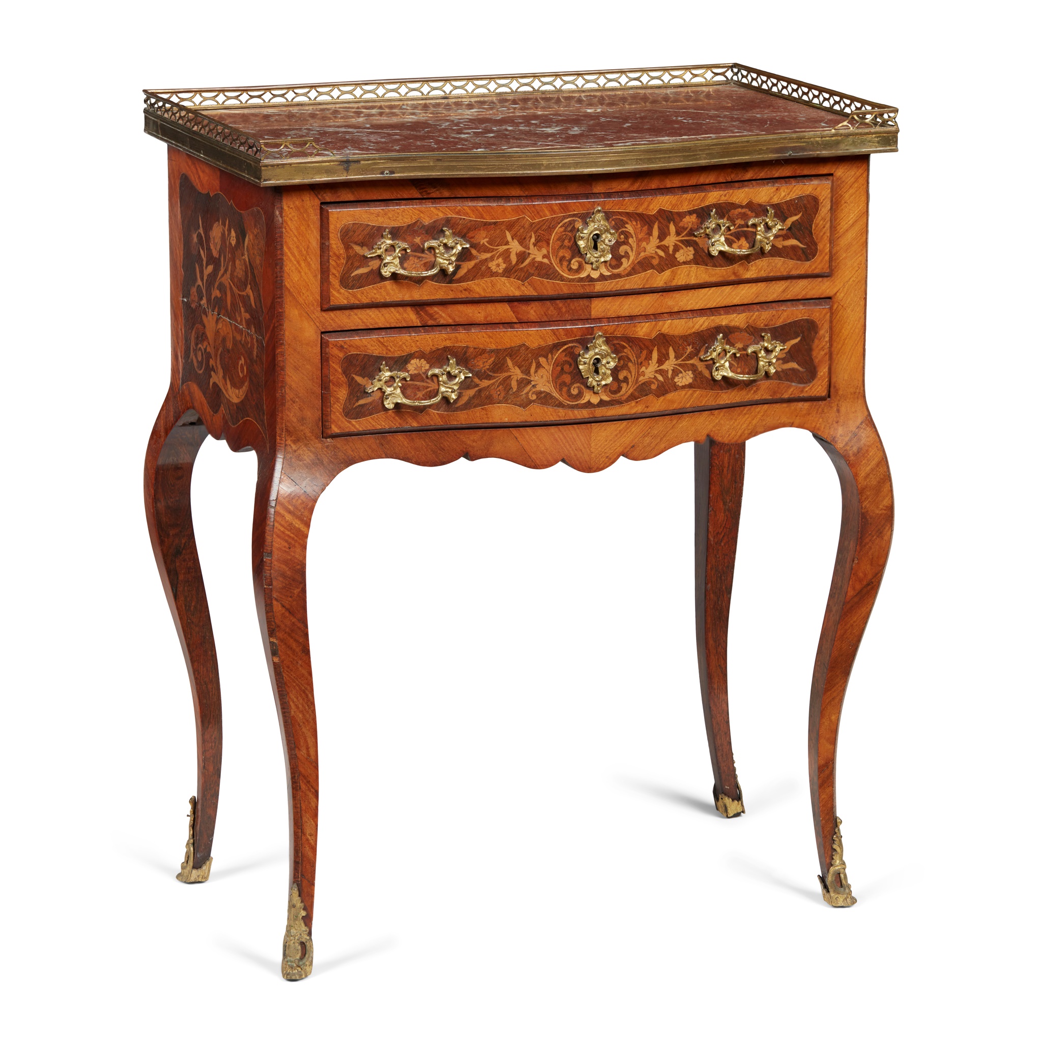 FRENCH MARBLE TOPPED ROSEWOOD FLORAL MARQUETRY COMMODE