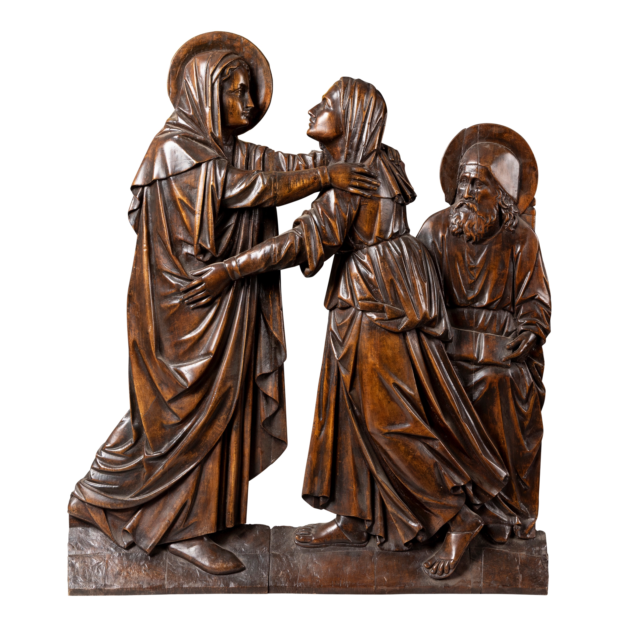 A CARVED FRUITWOOD RELIEF OF THE VIRGIN MARY, ELIZABETH AND ZECHARIAH