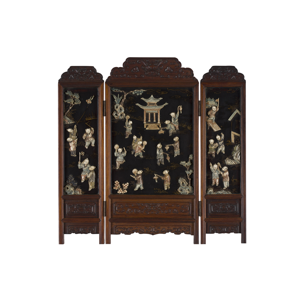 IVORY-INLAID THREE-FOLD WOODEN TABLE SCREEN