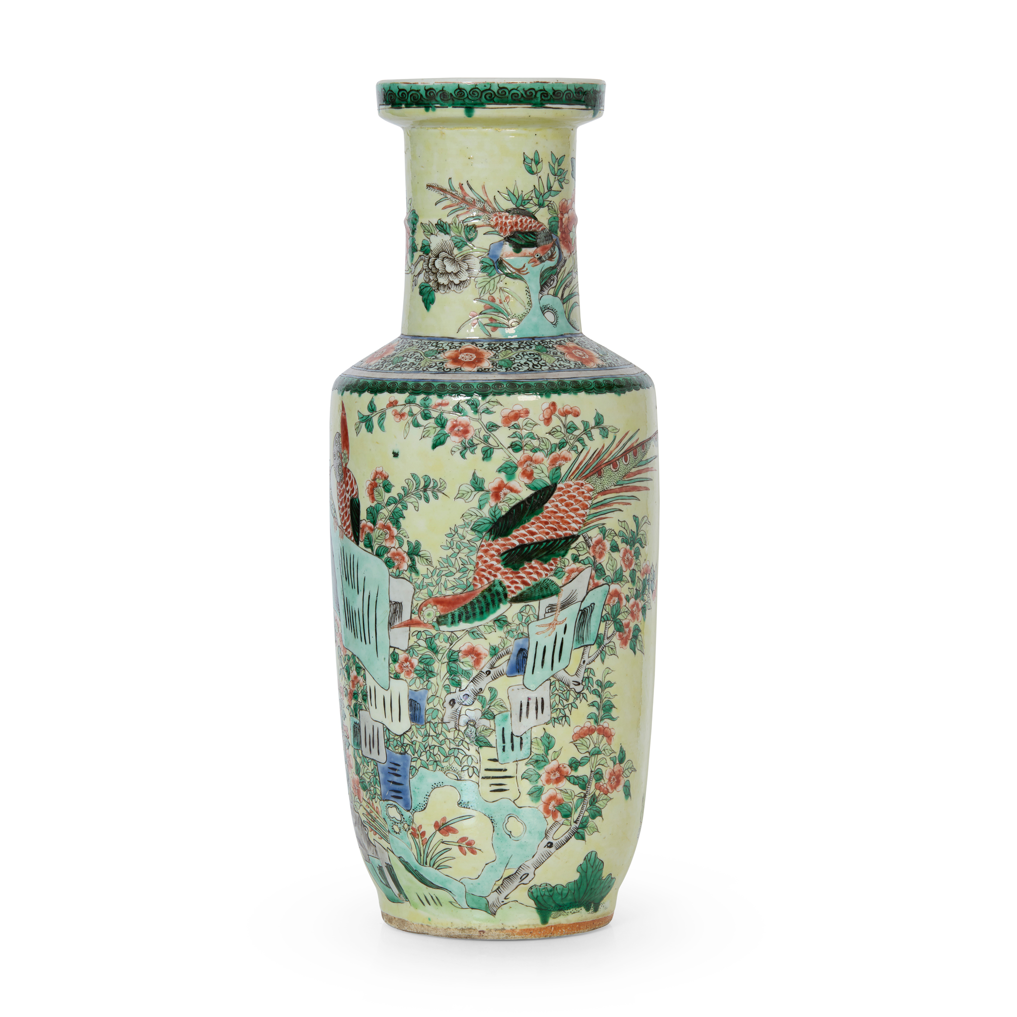 CHINESE YELLOW GROUND WUCAI 'PHEASANT' ROULEAU VASE
