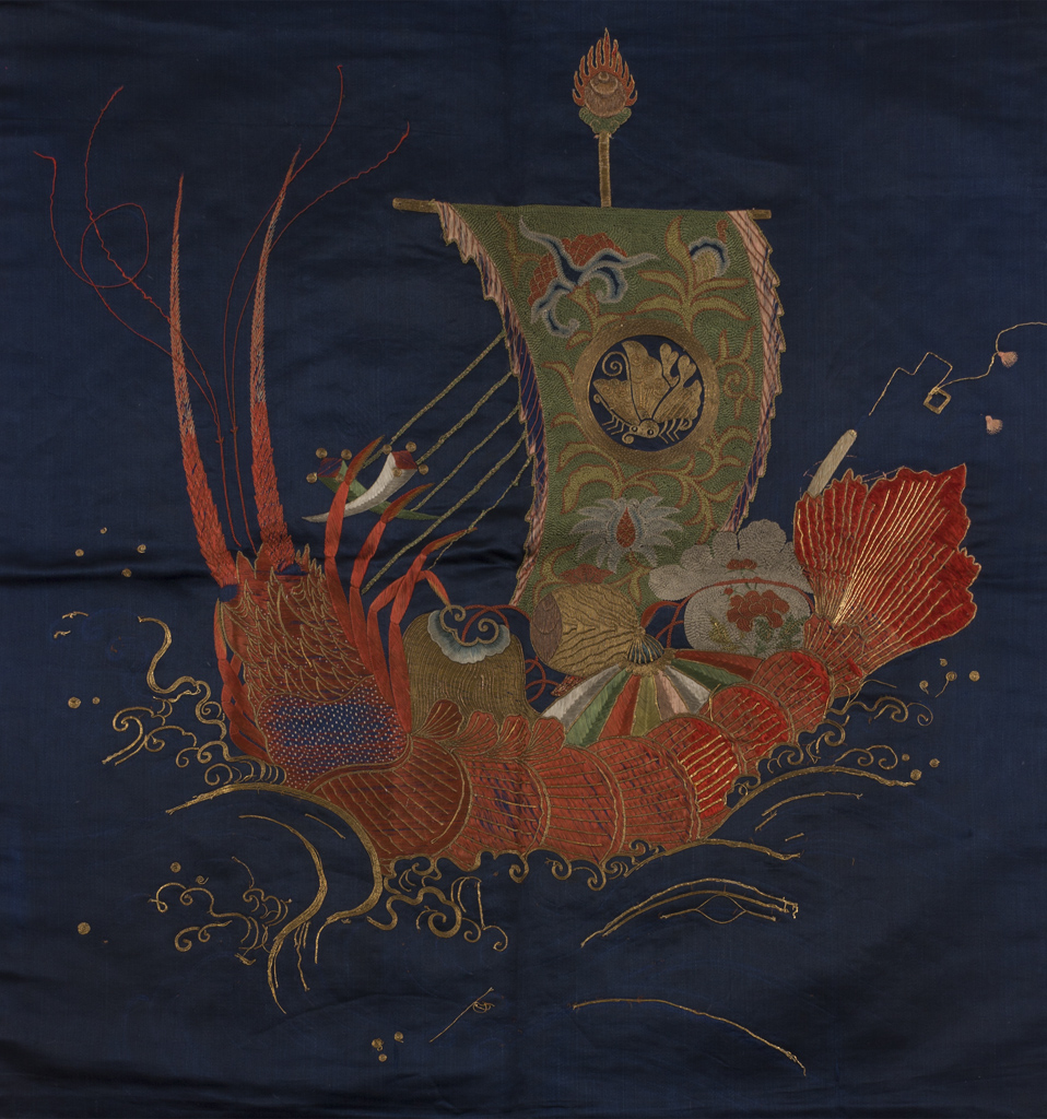 TWO MIDNIGHT BLUE GROUND EMBROIDERED SILK PANELS