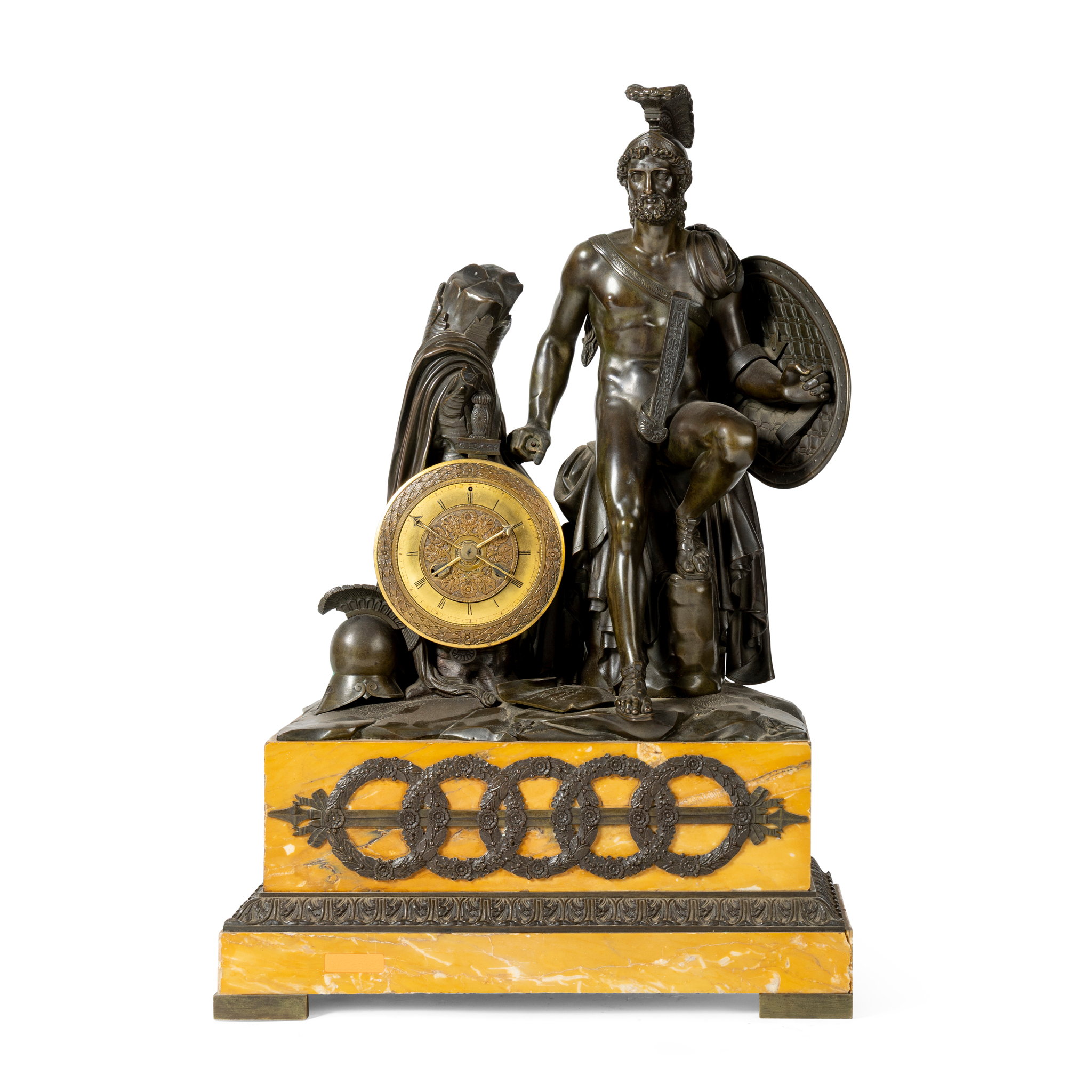 A FRENCH BRONZE AND SIENNA MARBLE MANTEL CLOCK