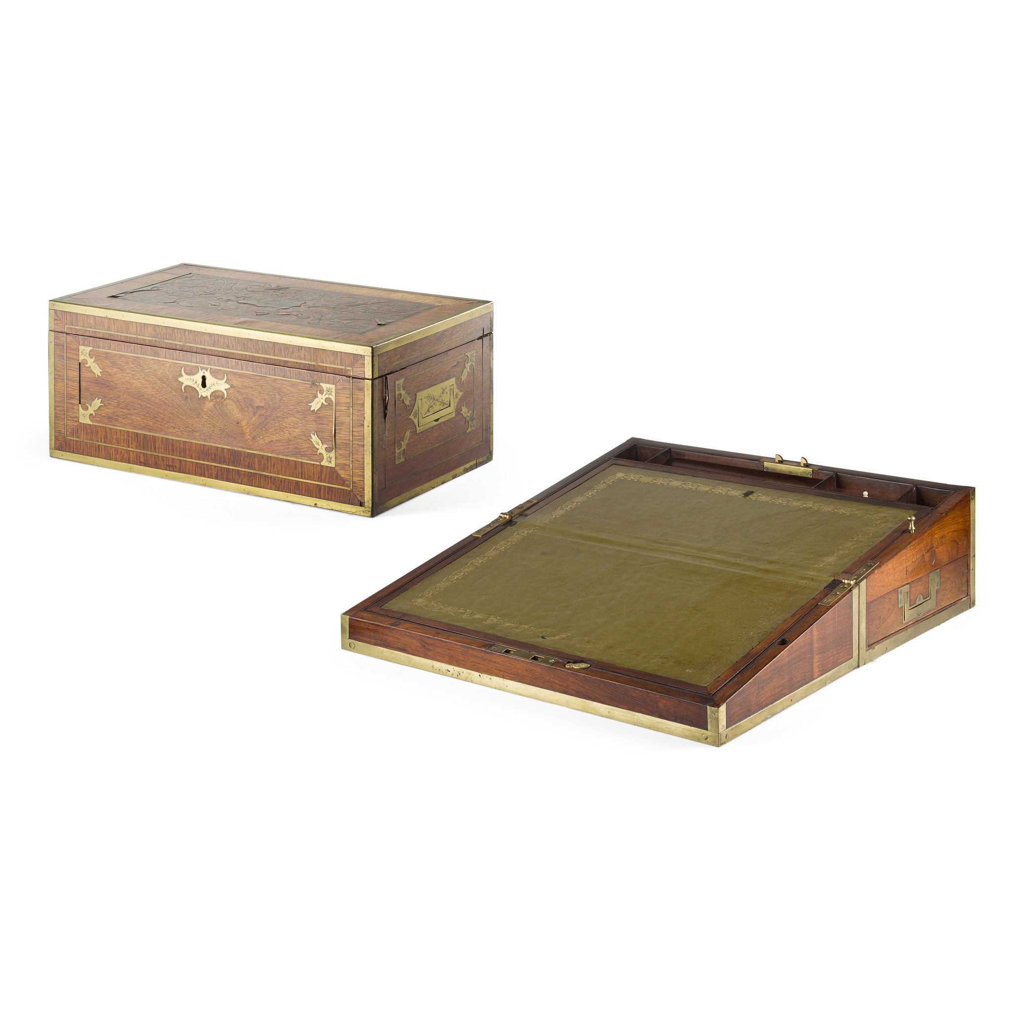 ROYAL INTEREST: ROSEWOOD BRASS BANDED AND INLAID DOCUMENT BOX