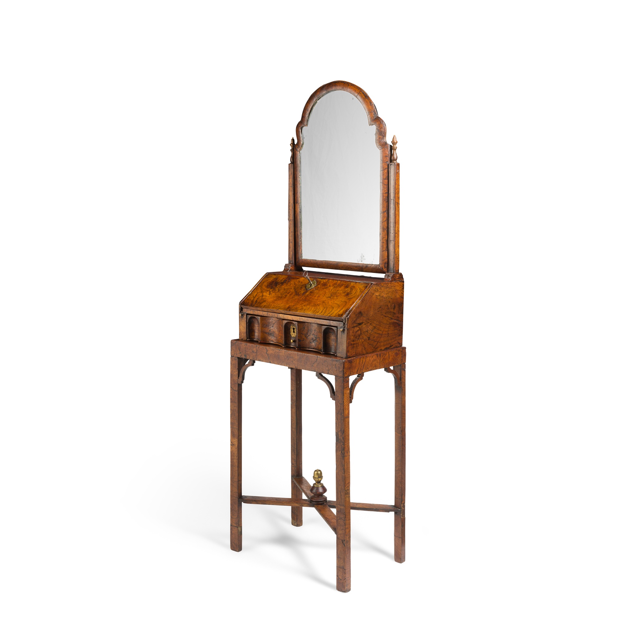 QUEEN ANNE BURR ELM AND RED JAPANNED TOILET MIRROR ON STAND