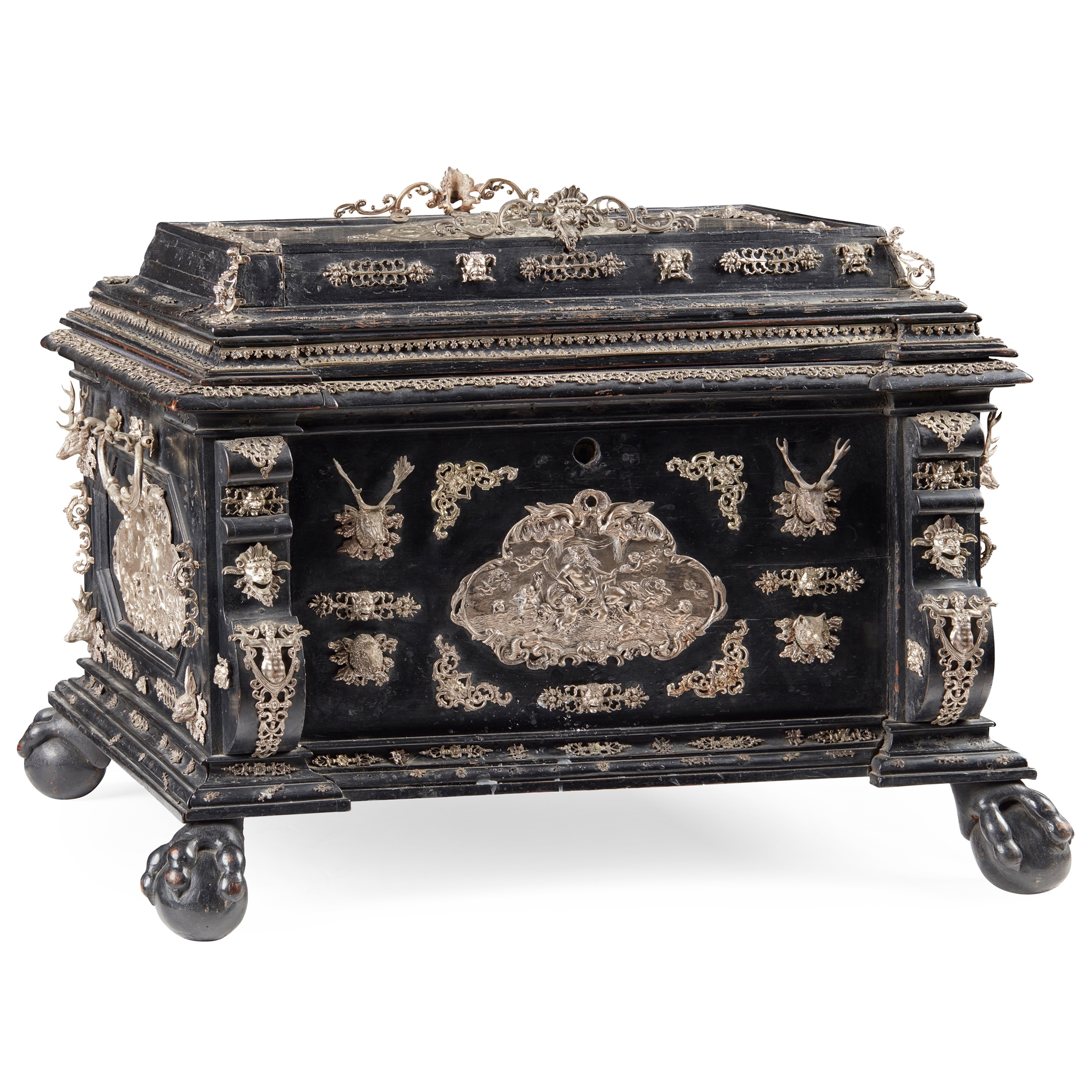 A CONTINENTAL EBONY, EBONISED AND WHITE METAL MOUNTED TABLE CASKET