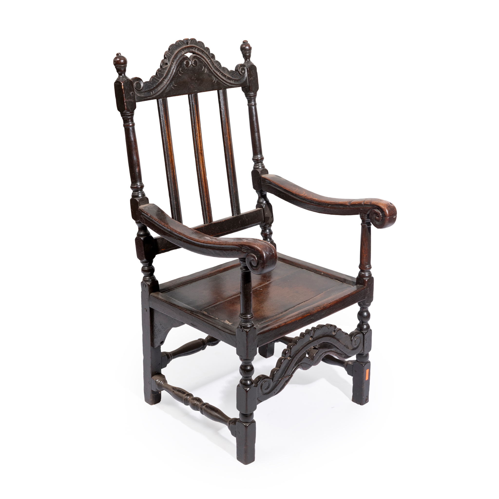 AN OAK OPEN BACK ARMCHAIR