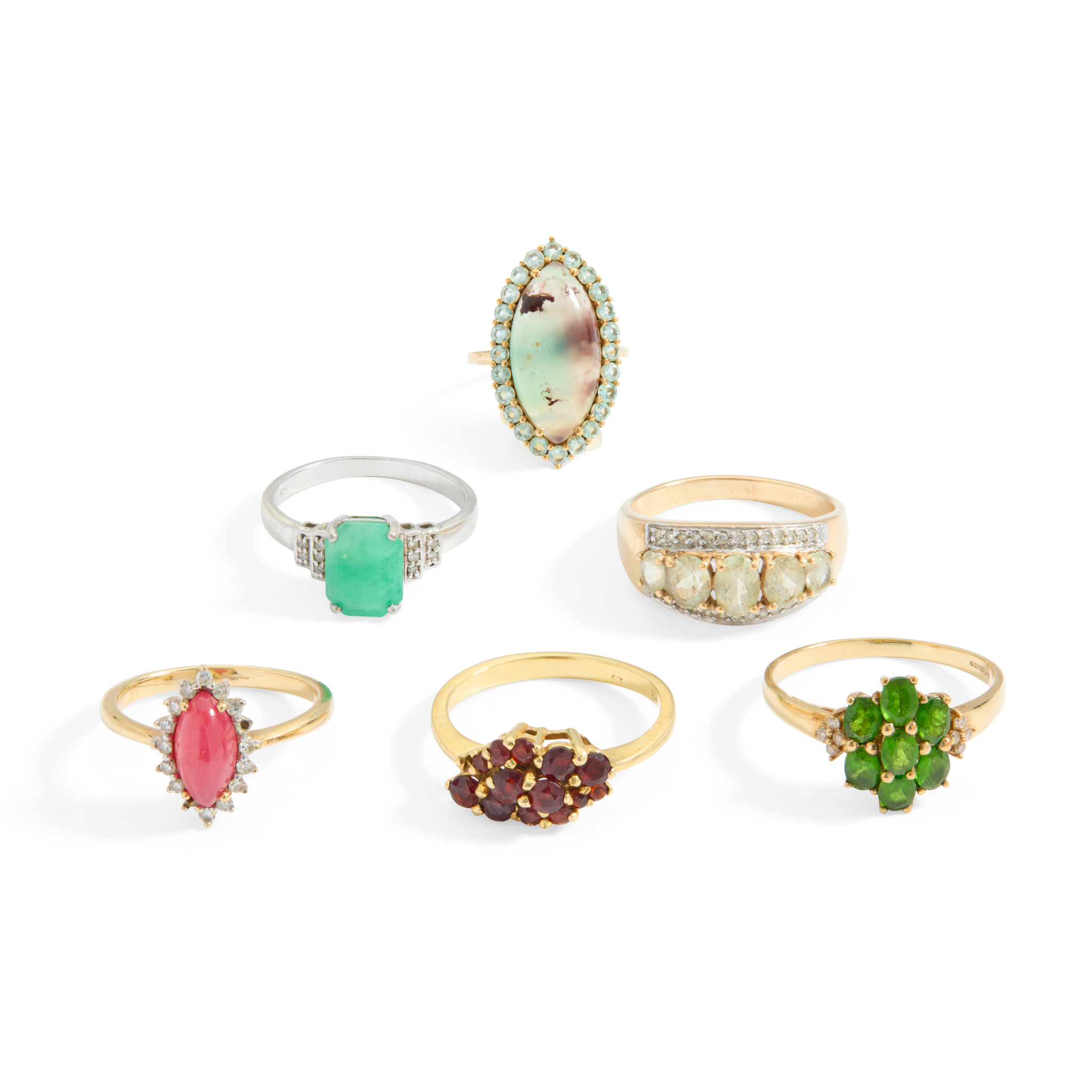 A collection of gem-set rings