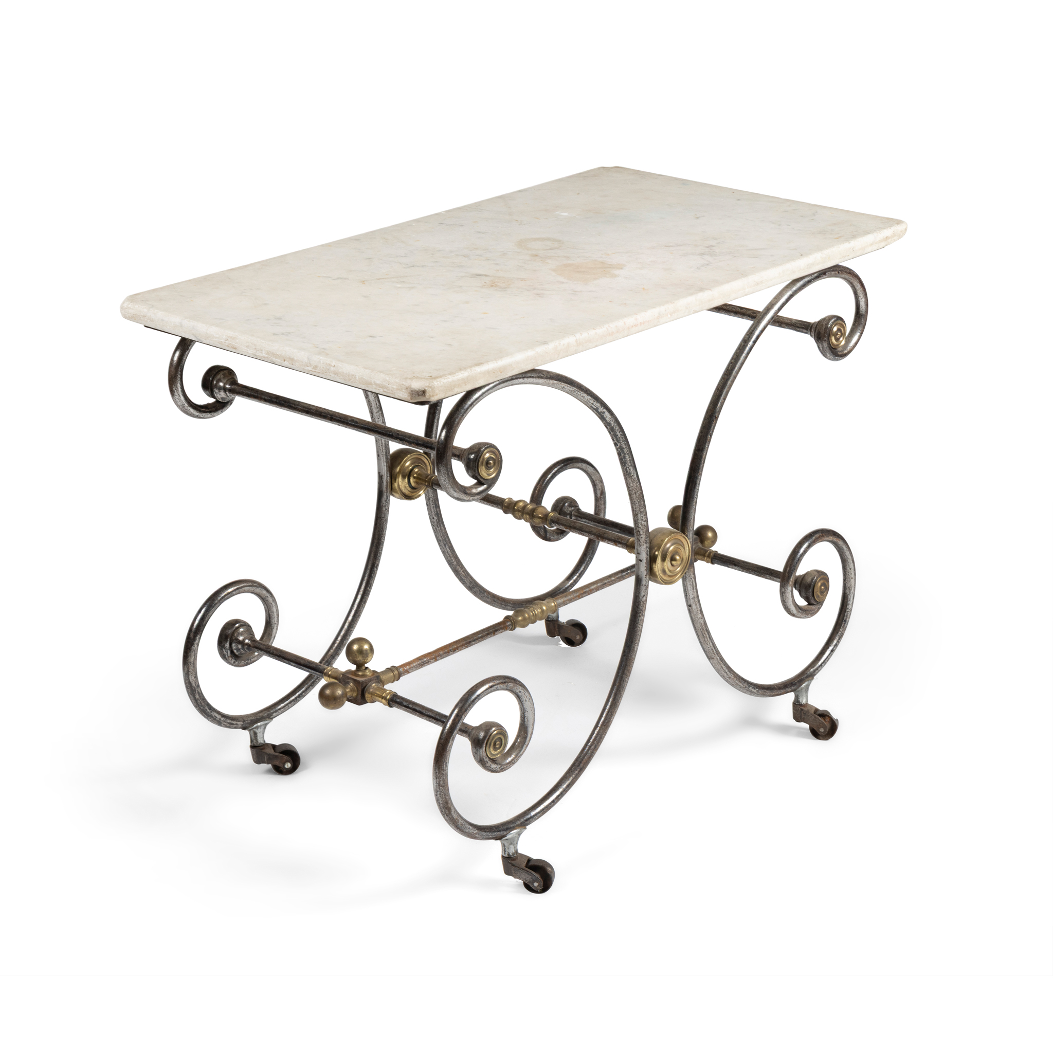 A BRASS IRON AND MARBLE PATISSERIE TABLE