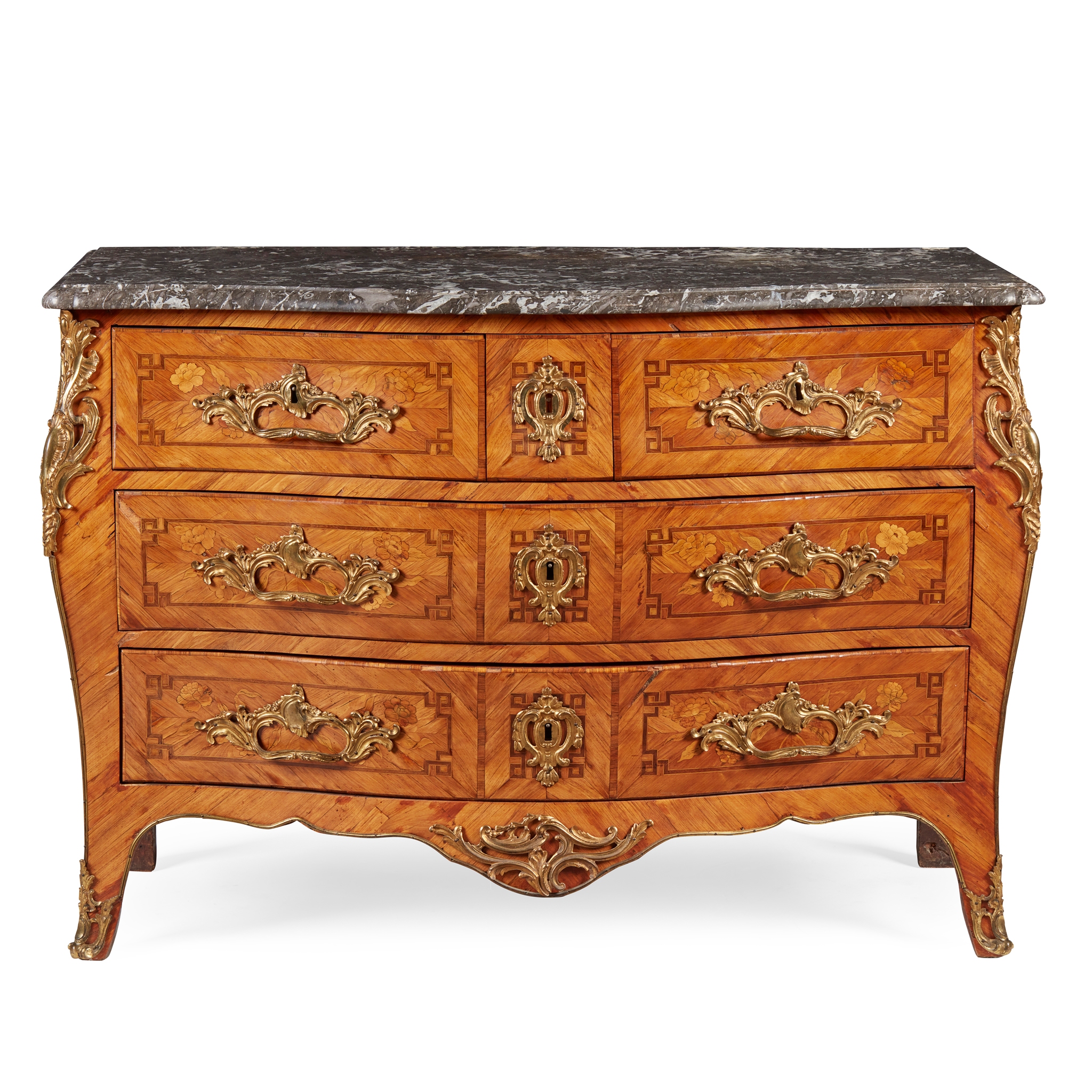 A LOUIS XV KINGWOOD, TULIPWOOD, AMARANTH AND MARQUETRY MARBLE TOPPED COMMODE, STAMPED STUMPFF, REIZELL AND JME