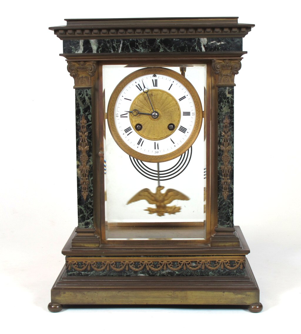 FRENCH MARBLE AND BRONZE FOUR GLASS MANTEL CLOCK