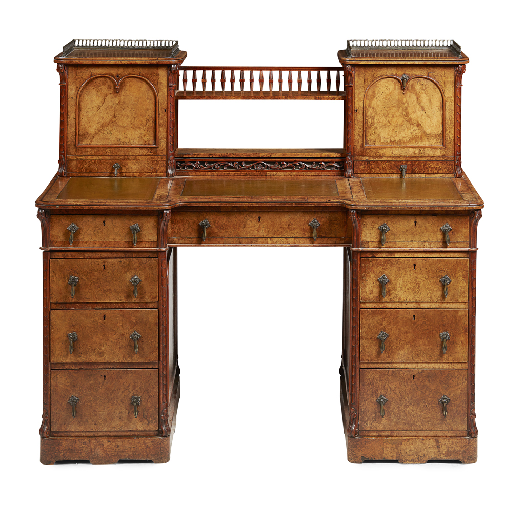 VICTORIAN BURR WALNUT PEDESTAL DESK