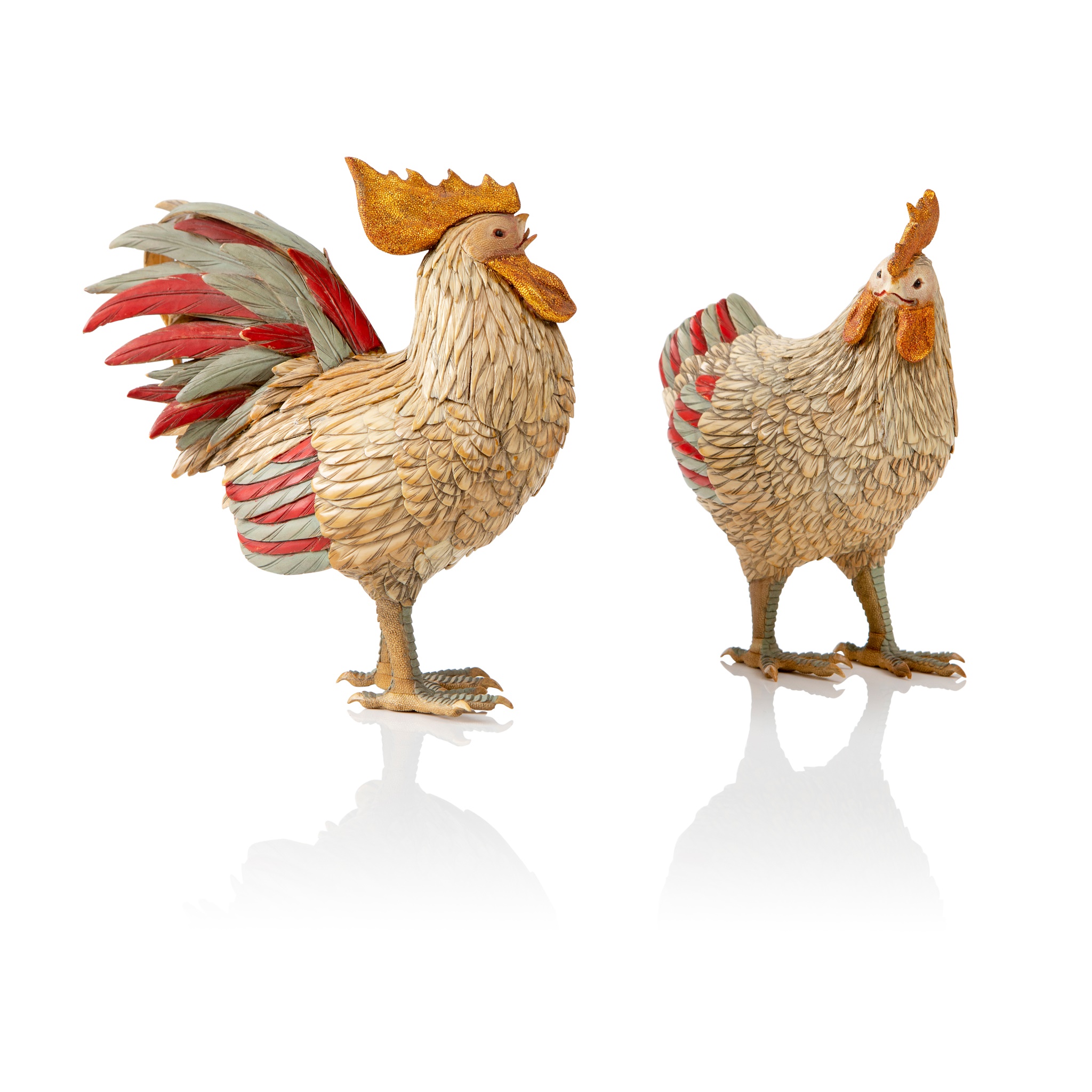 PAIR OF POLYCHROMED IVORY HEN AND COCKEREL