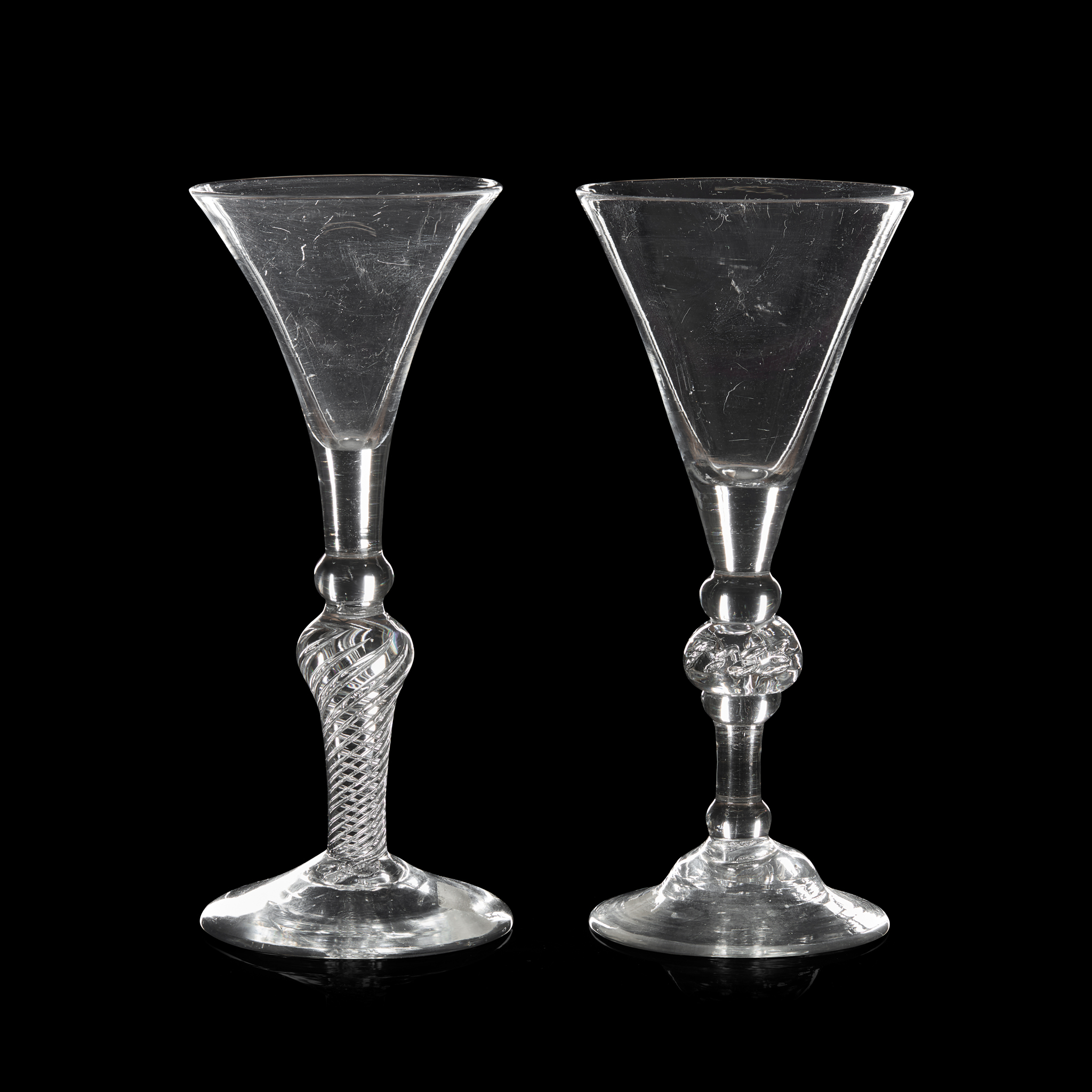 TWO COMPOSITE STEM WINE GLASSES
