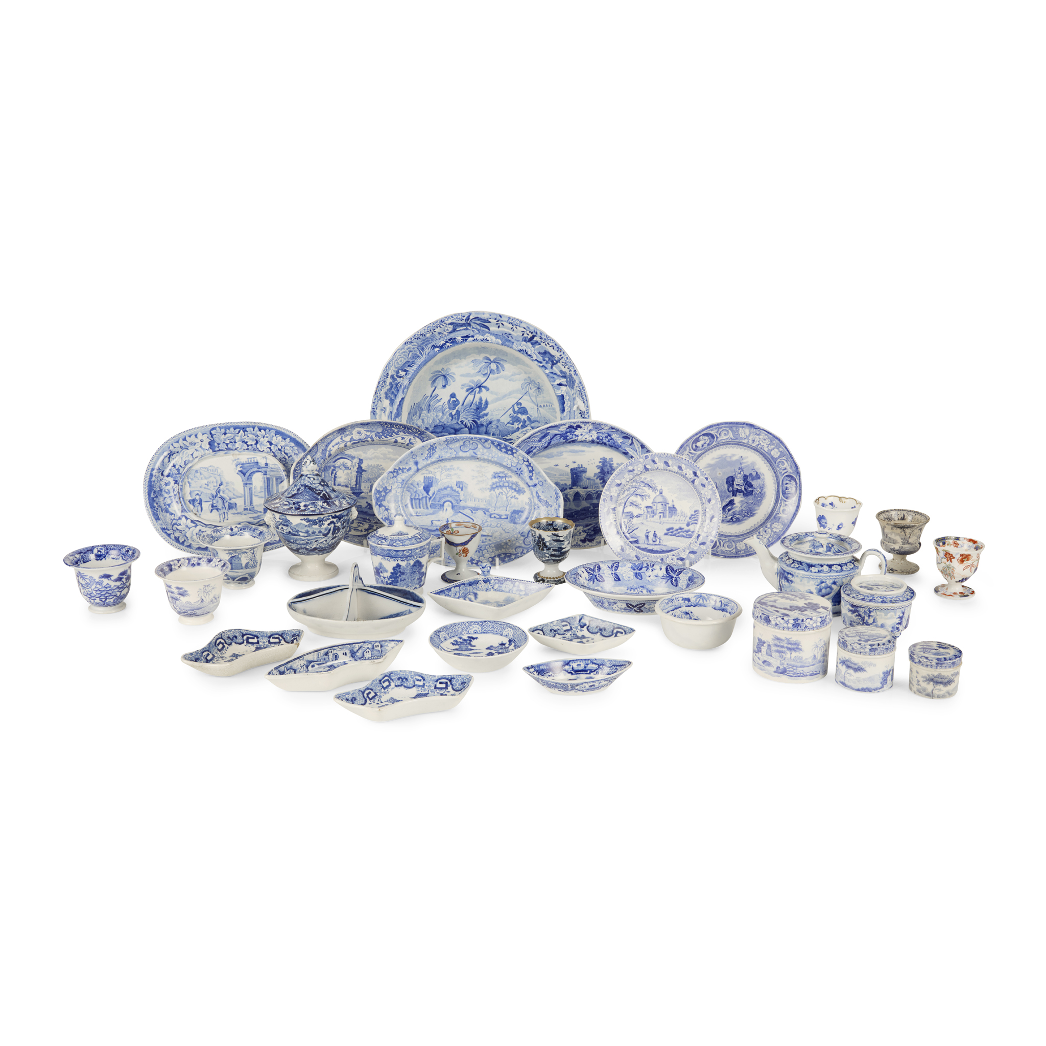 COLLECTION OF BLUE AND WHITE TRANSFER PRINTED CERAMICS