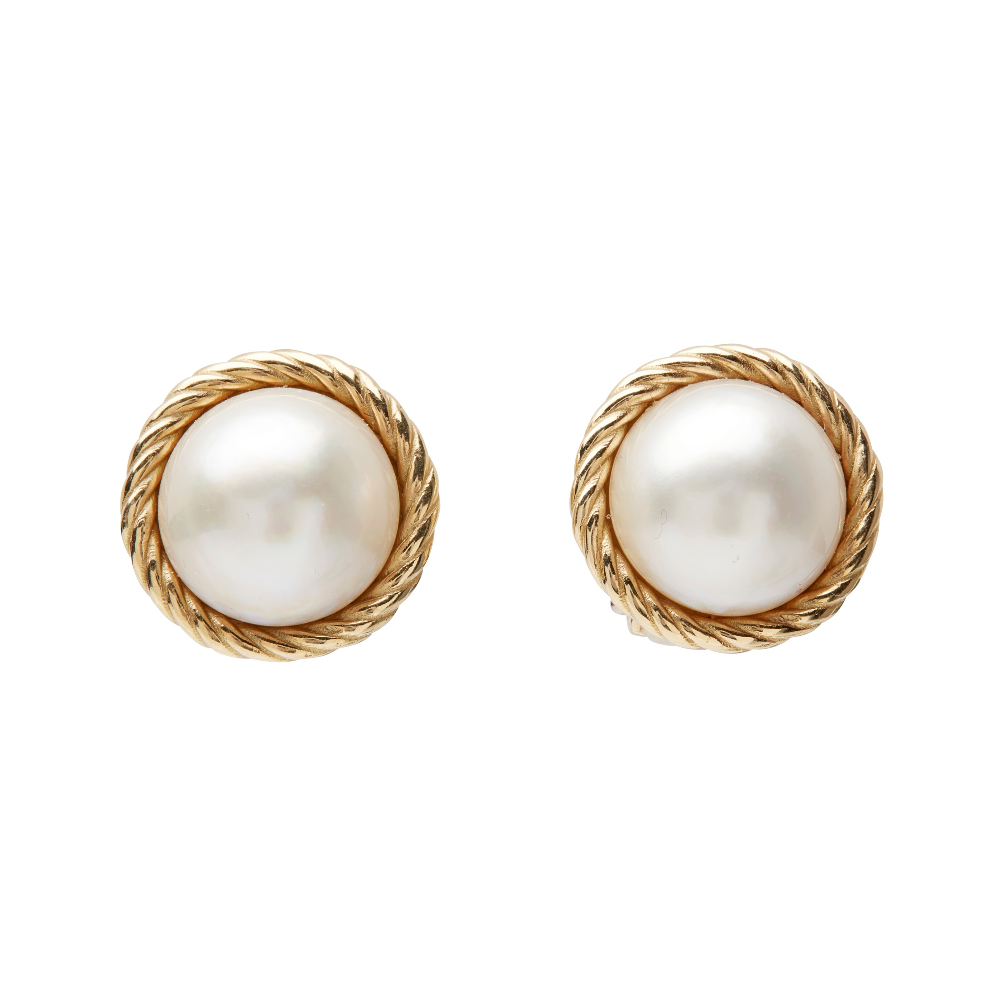 A pair of 18ct gold mabé set pearl ear clips