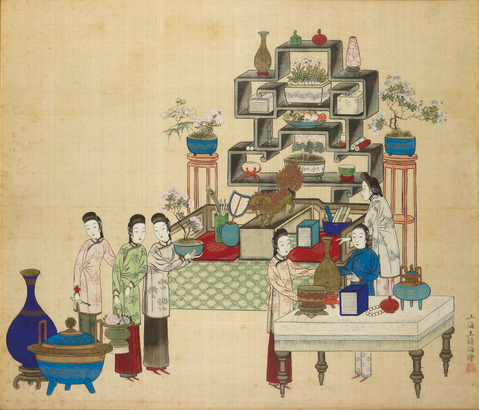 A CHINESE EXPORT PAINTING ON SILK OF A SHOP INTERIOR