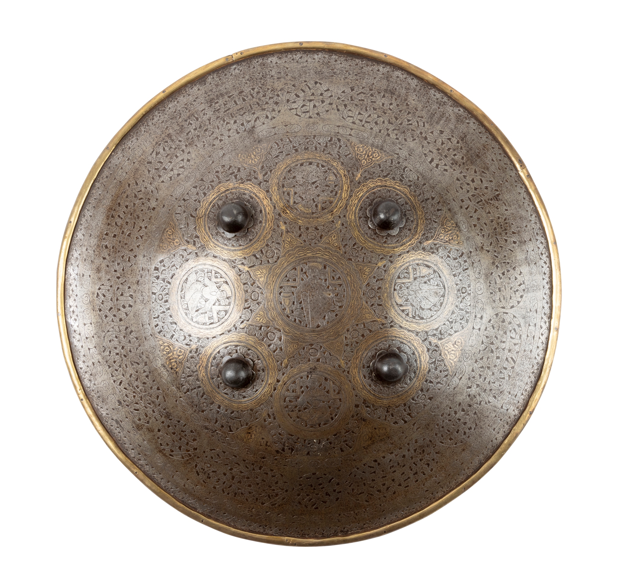 A QAJAR GOLD DAMASCENED STEEL SHIELD