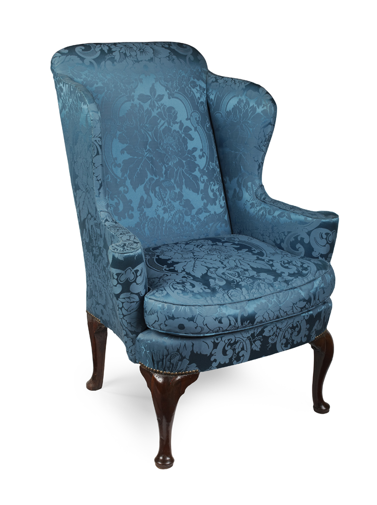 QUEEN ANNE WALNUT AND UPHOLSTERED WING ARMCHAIR