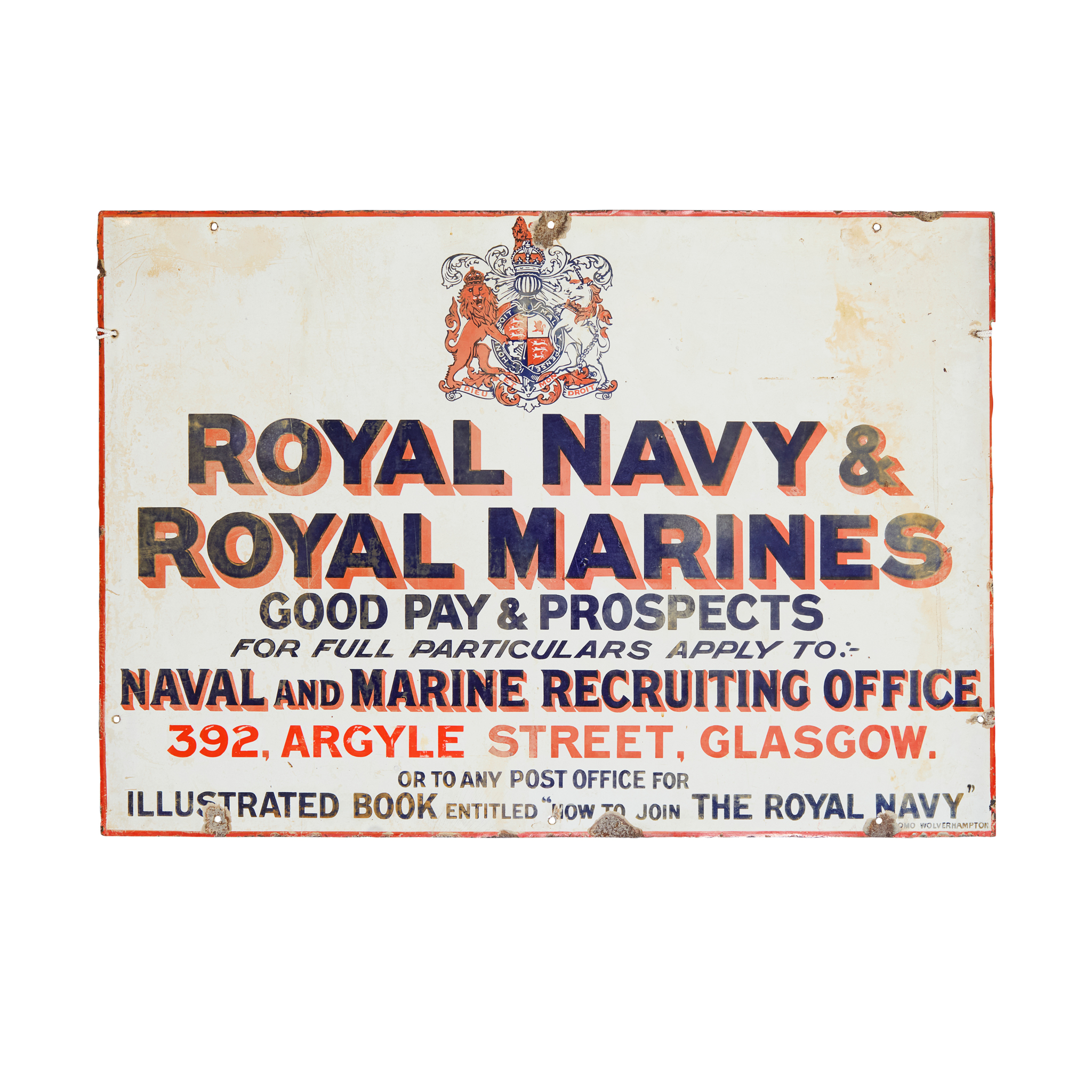 ROYAL NAVY AND ROYAL MARINES ENAMEL RECRUITING SIGN