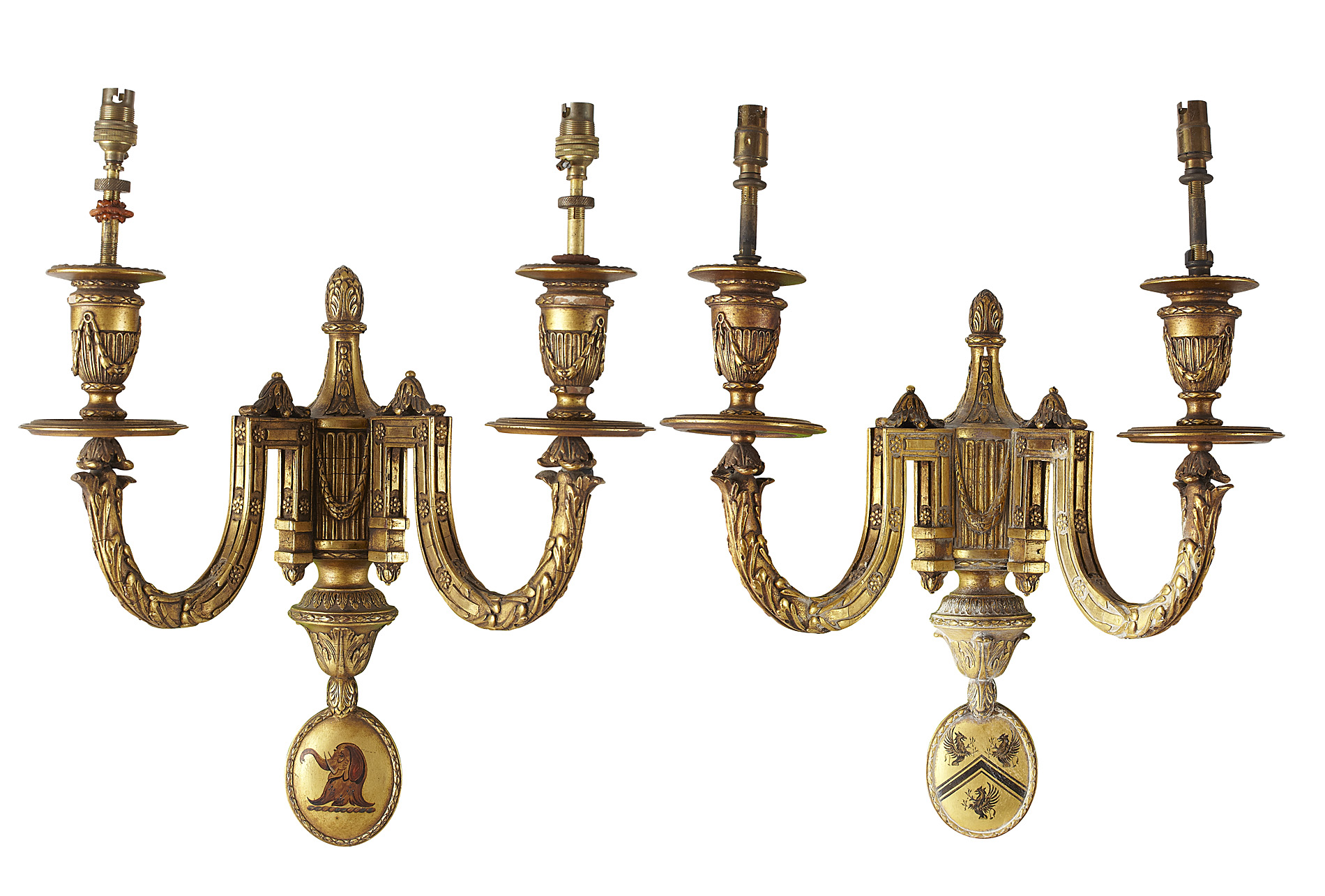 SIX GILTWOOD ARMORIAL WALL LIGHTS
