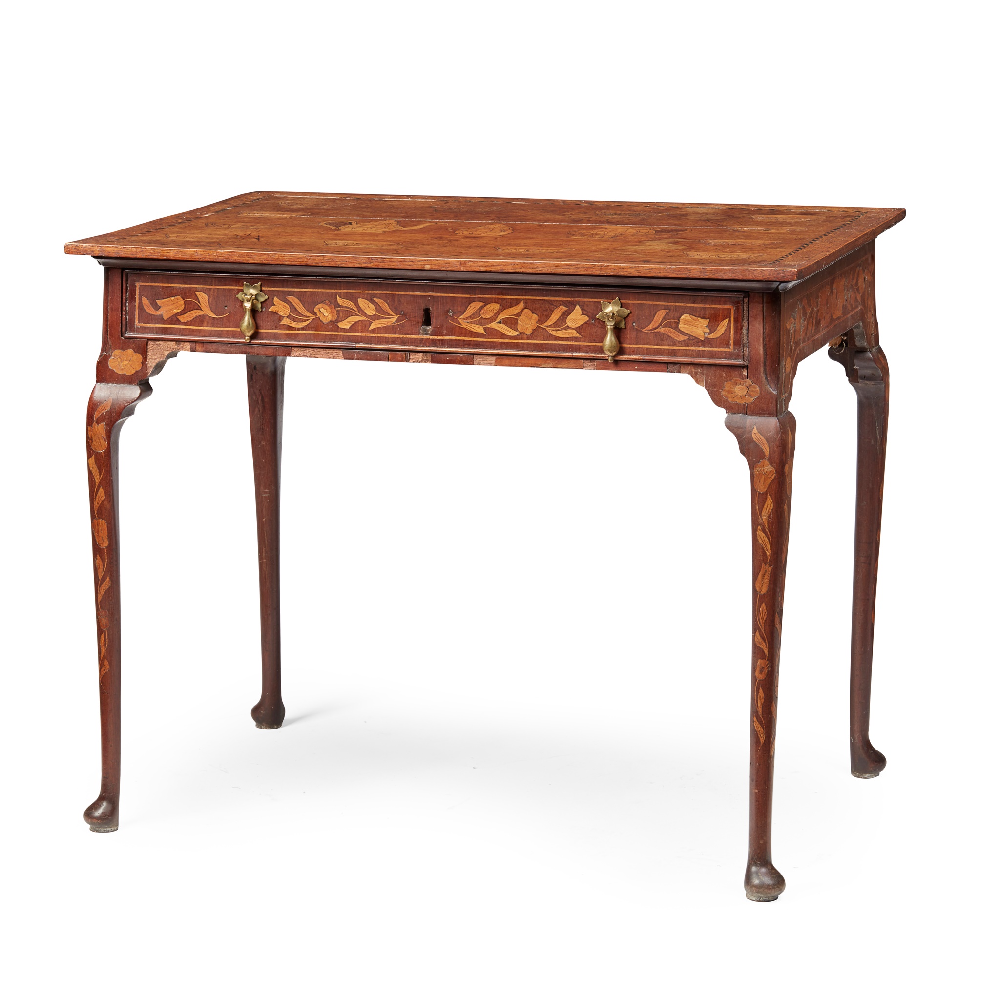 DUTCH OAK AND MAHOGANY TROMPE L'OEIL MARQUETRY TEA TABLE