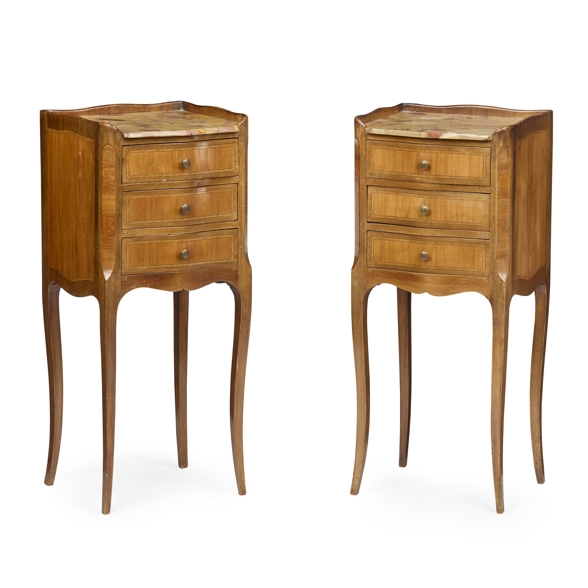 PAIR OF FRENCH KINGWOOD MARBLE TOPPED TABLES