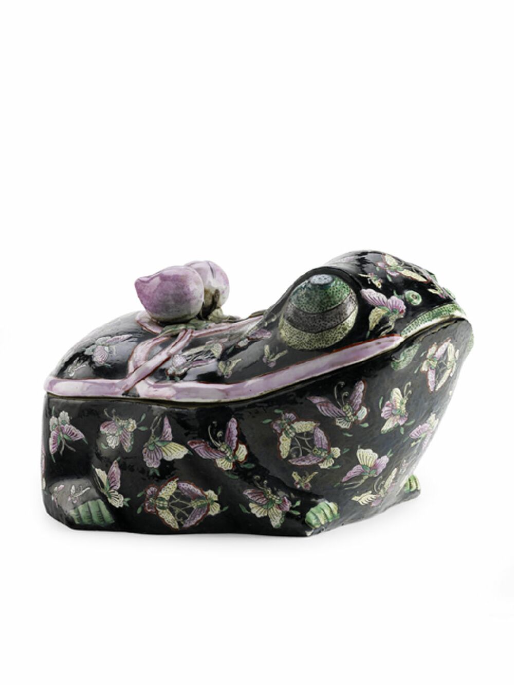 A 19th century Chinese famille noire frog form bowl and cover