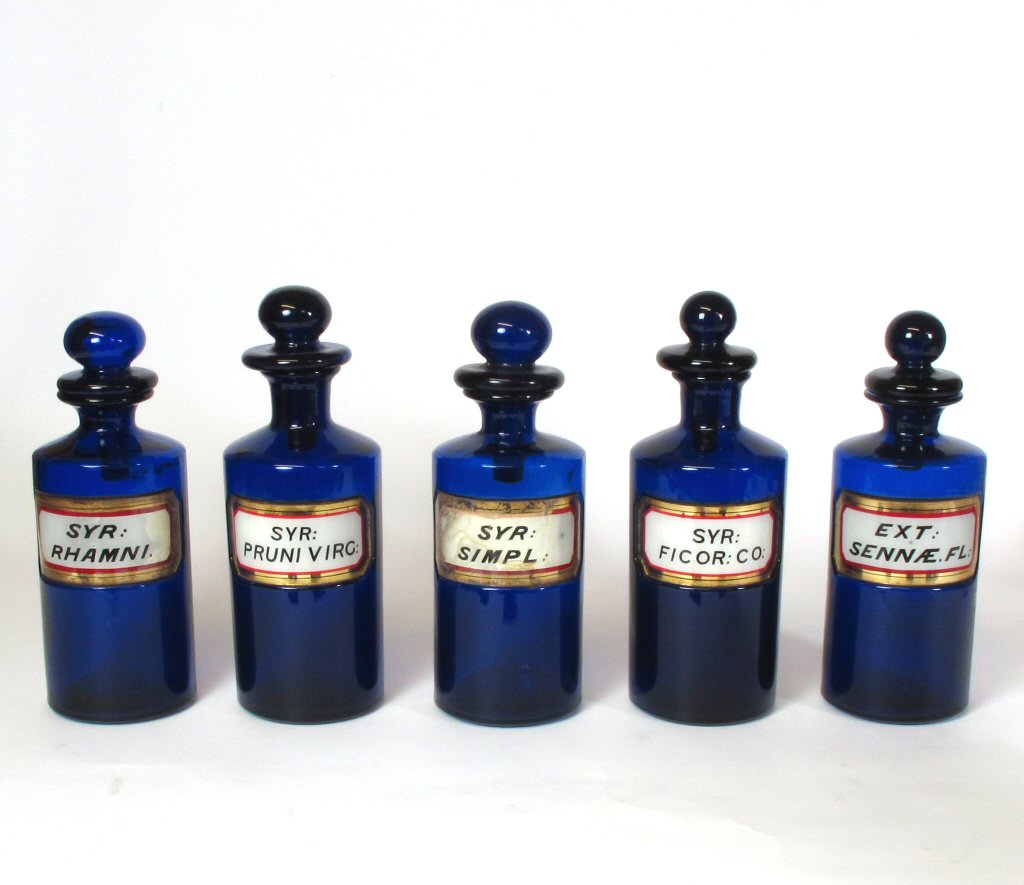FIVE BLUE GLASS APOTHECARY BOTTLES
